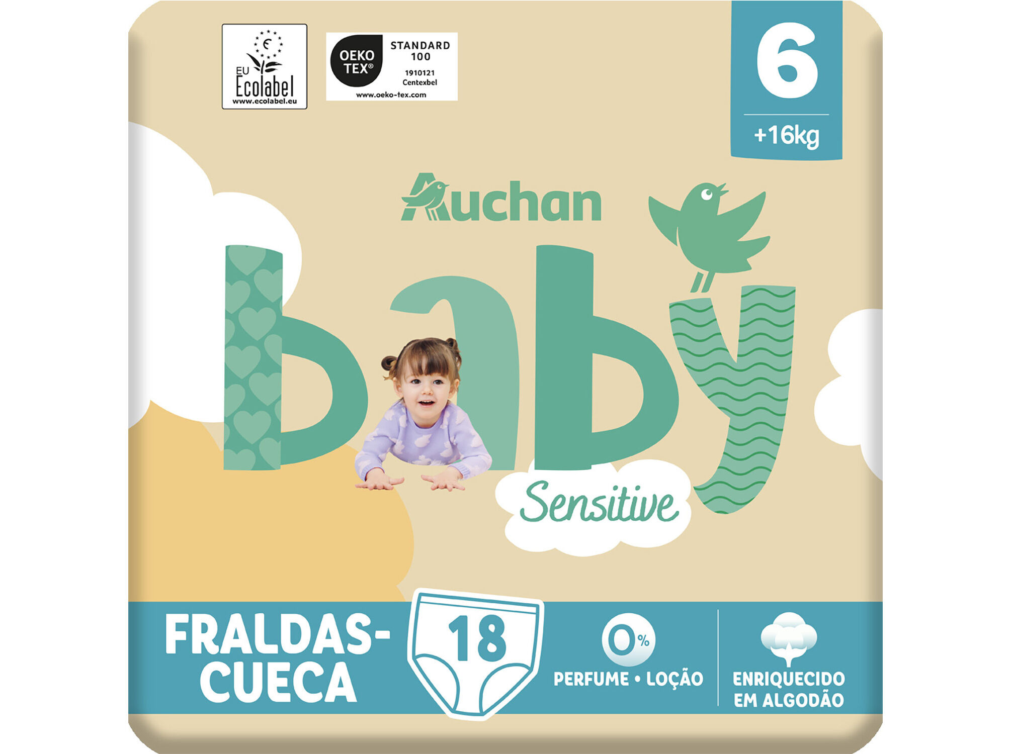 FRALDAS CUECA AUCHAN BABY SENSITIVE ECOL&Oacute;GICAS TAMANHO 6 +16KG 18UN