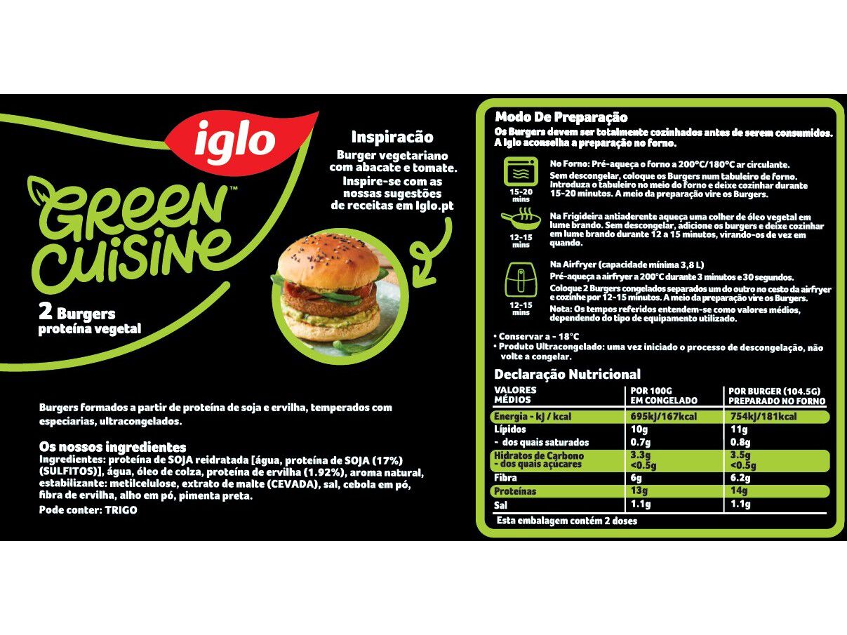 HAMBURGUER IGLO GREEN CUISINE PROTEINA VEGETAL (2 UNID) 209G image number 1