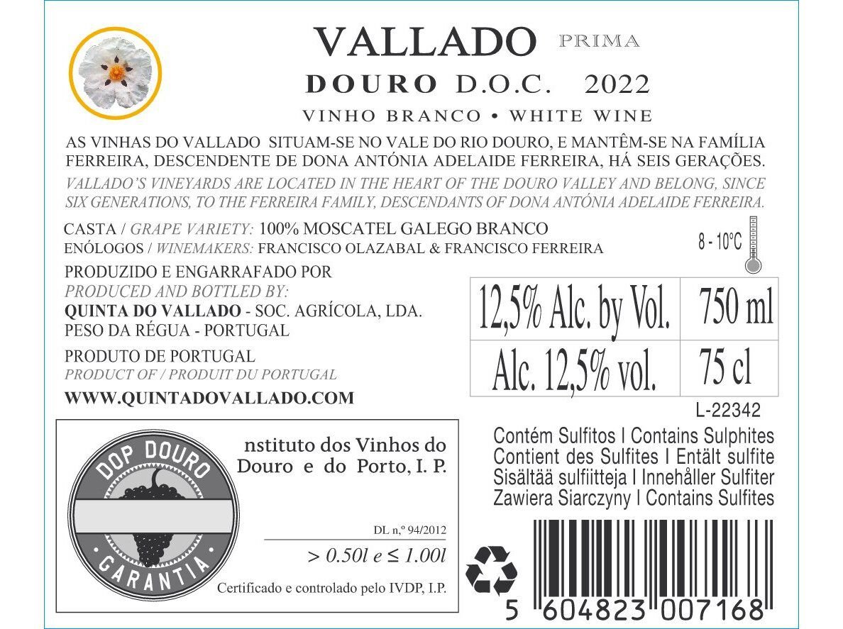 VINHO BRANCO VALLADO PRIMA DOURO 0.75L image number 1