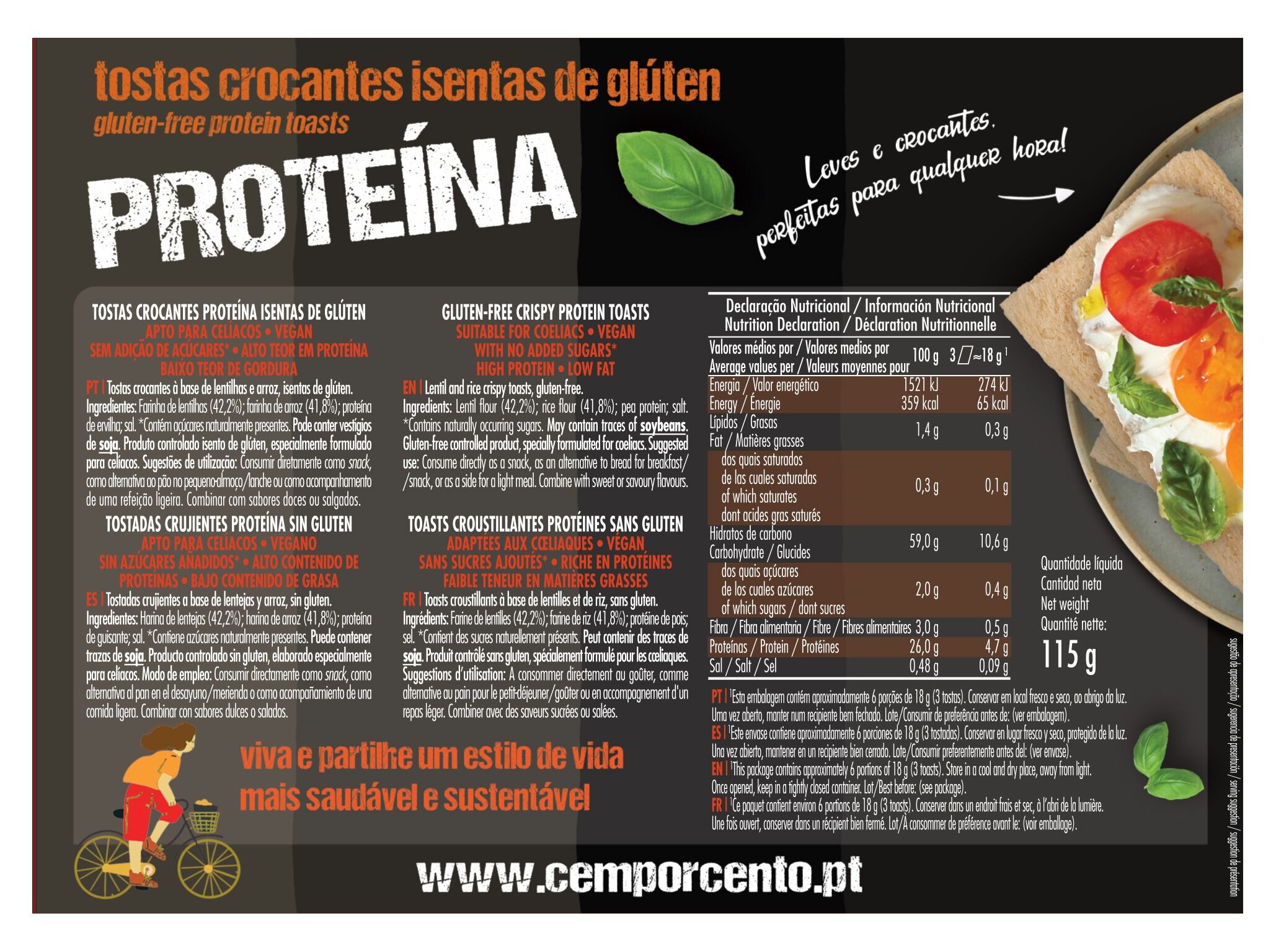 TOSTAS CROCANTES CEM PORCENTO PROTE&Iacute;NA SEM GL&Uacute;TEN 115G image number 1