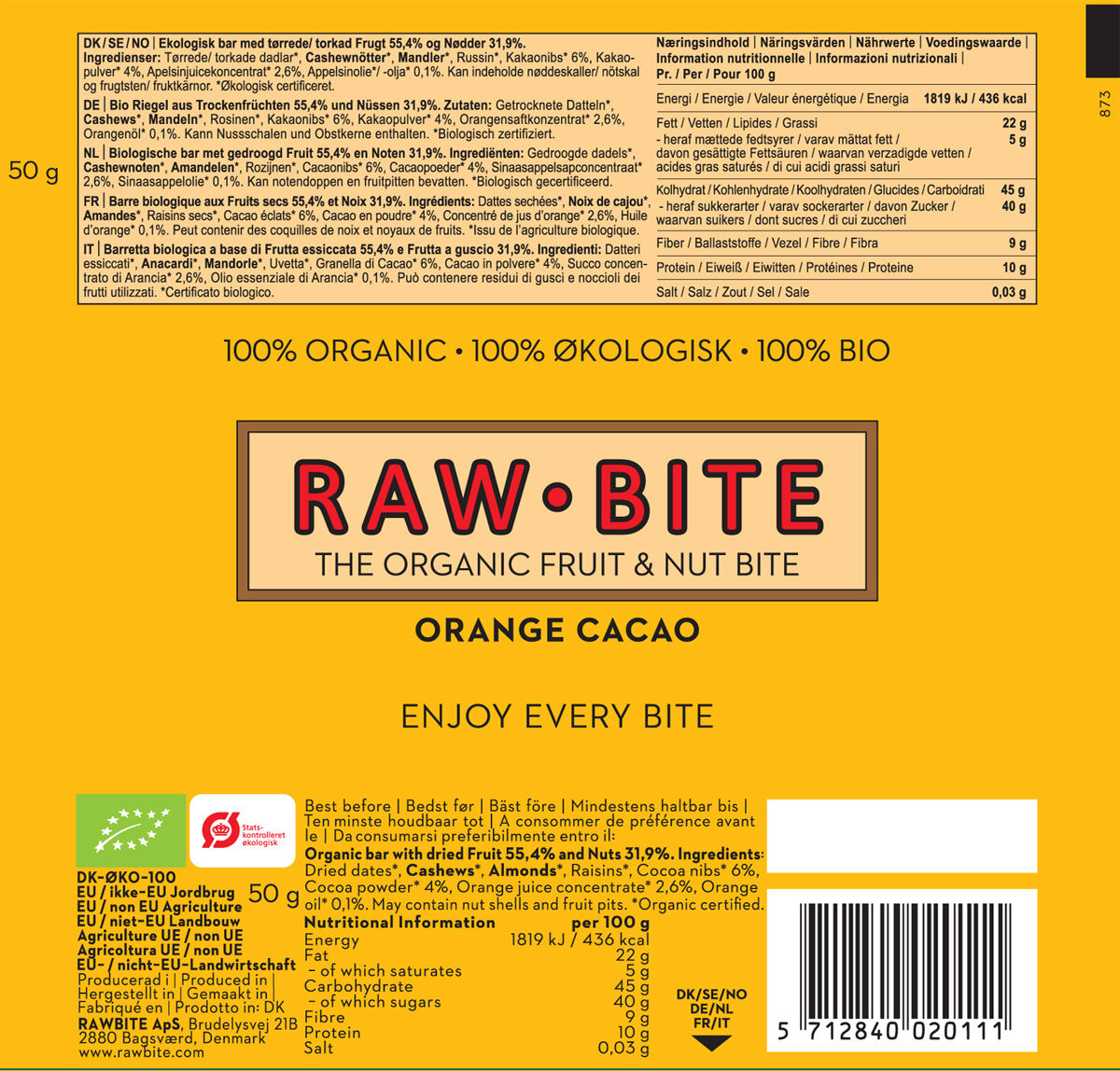 BARRAS RAW BITE LARANJA CACAU BIO 50G image number 1