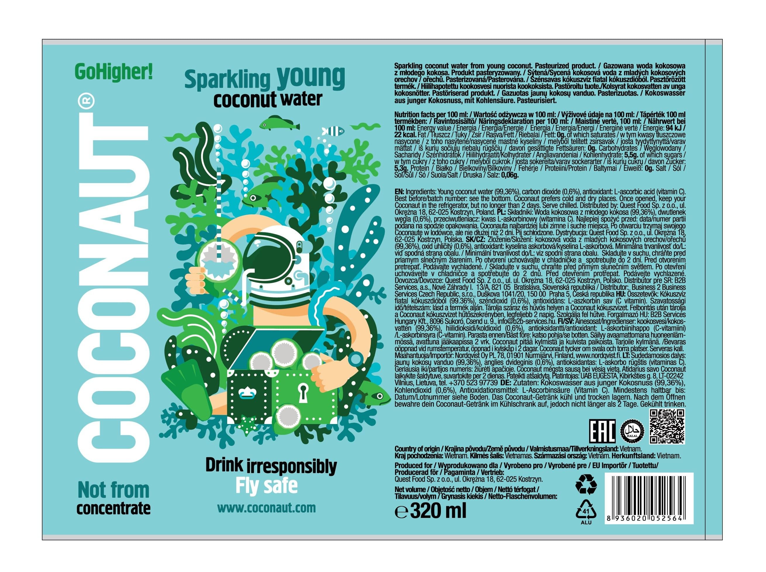 &Aacute;GUA DE COCO COCONAUT COM G&Aacute;S 0.32L image number 1