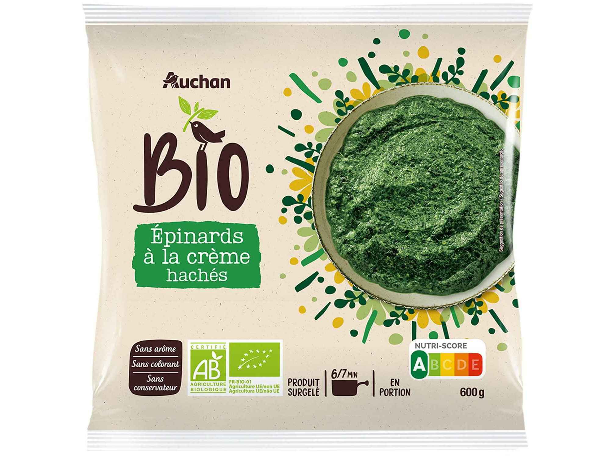 ESPINAFRES PICADOS AUCHAN BIO COM NATAS 600G image number 0
