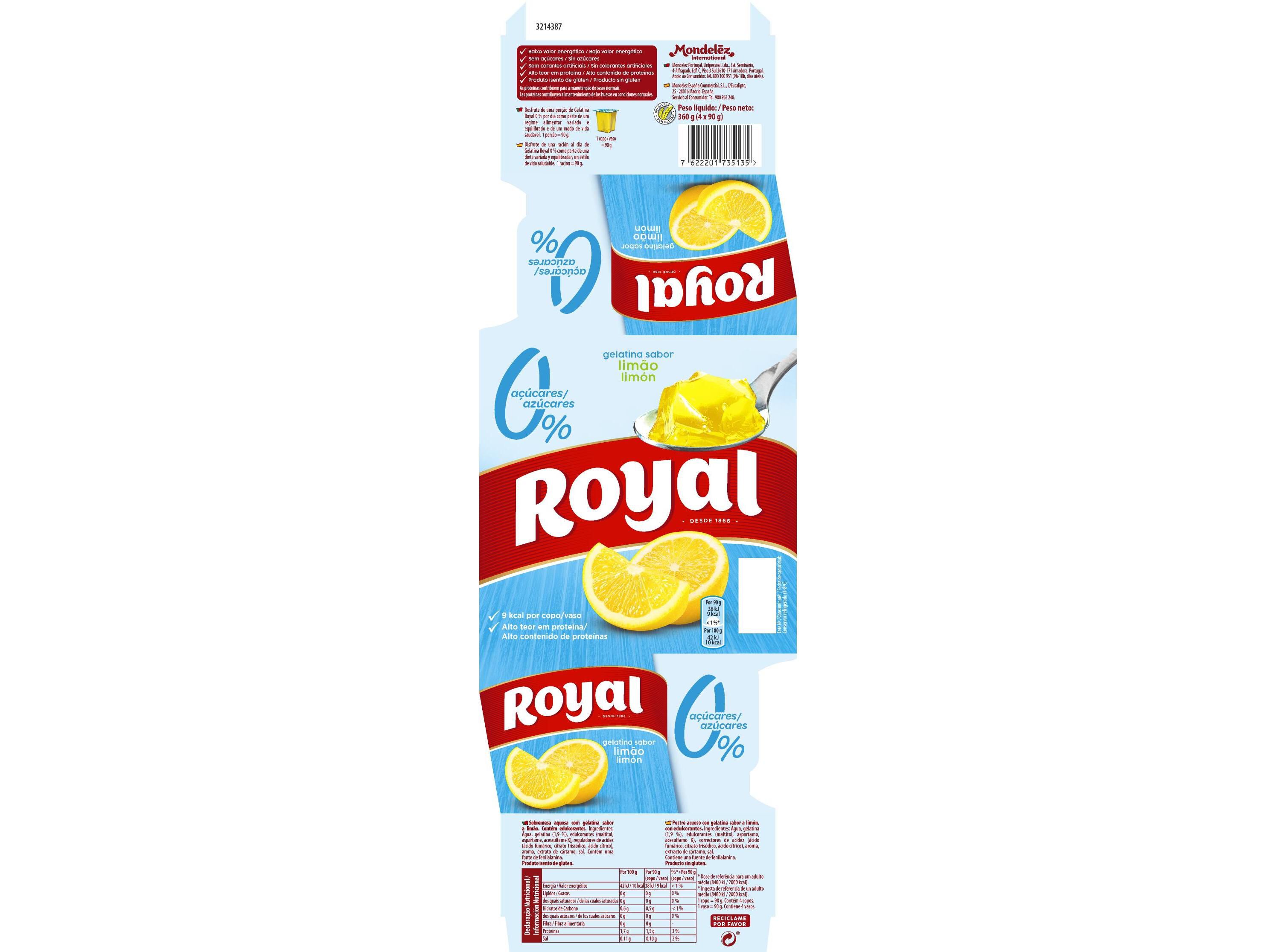GELATINA ROYAL LIM&Atilde;O 0% DE A&Ccedil;&Uacute;CAR 4X90 G image number 1