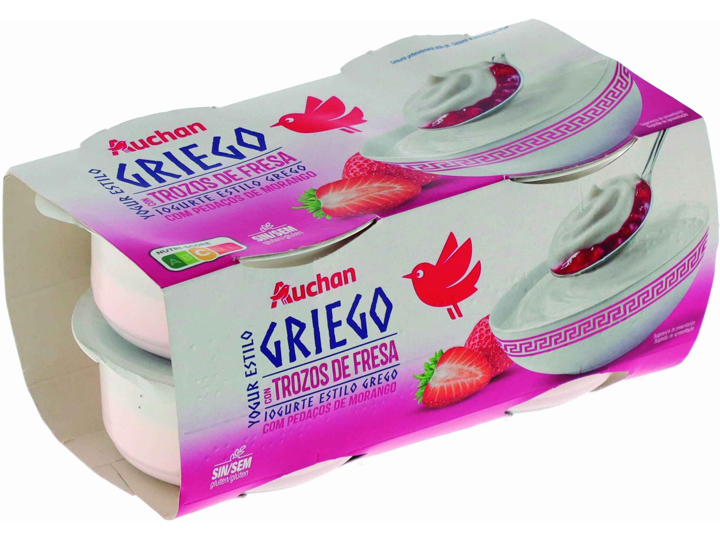 IOGURTE AUCHAN GREGO COM PEDA&Ccedil;OS DE MORANGO SEM GL&Uacute;TEN 4X125G
