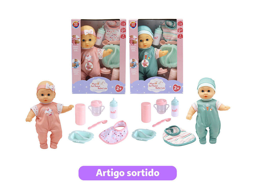 BONECO BEB&Eacute; COM ACESS&Oacute;RIOS DE ALIMENTA&Ccedil;&Atilde;O ONE TWO FUN 30CM MODELOS SORTIDOS