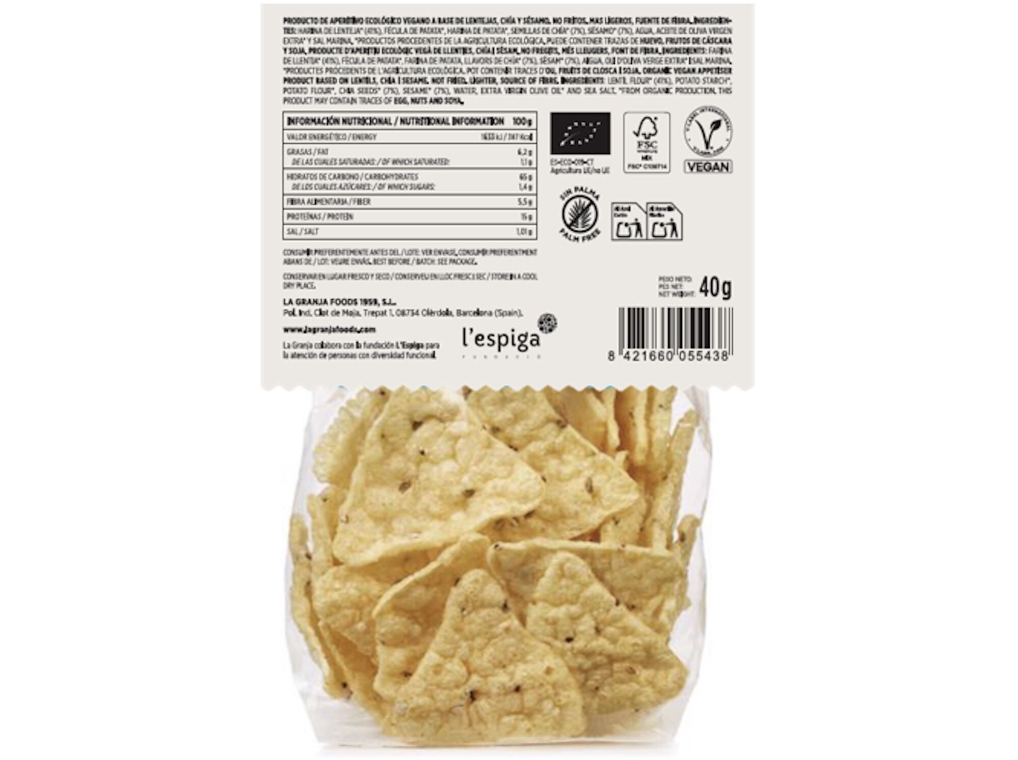 SNACK LENTILHA LA GRANJA SEM GL&Uacute;TEN CHIA E SESAMO BIO 40G image number 1