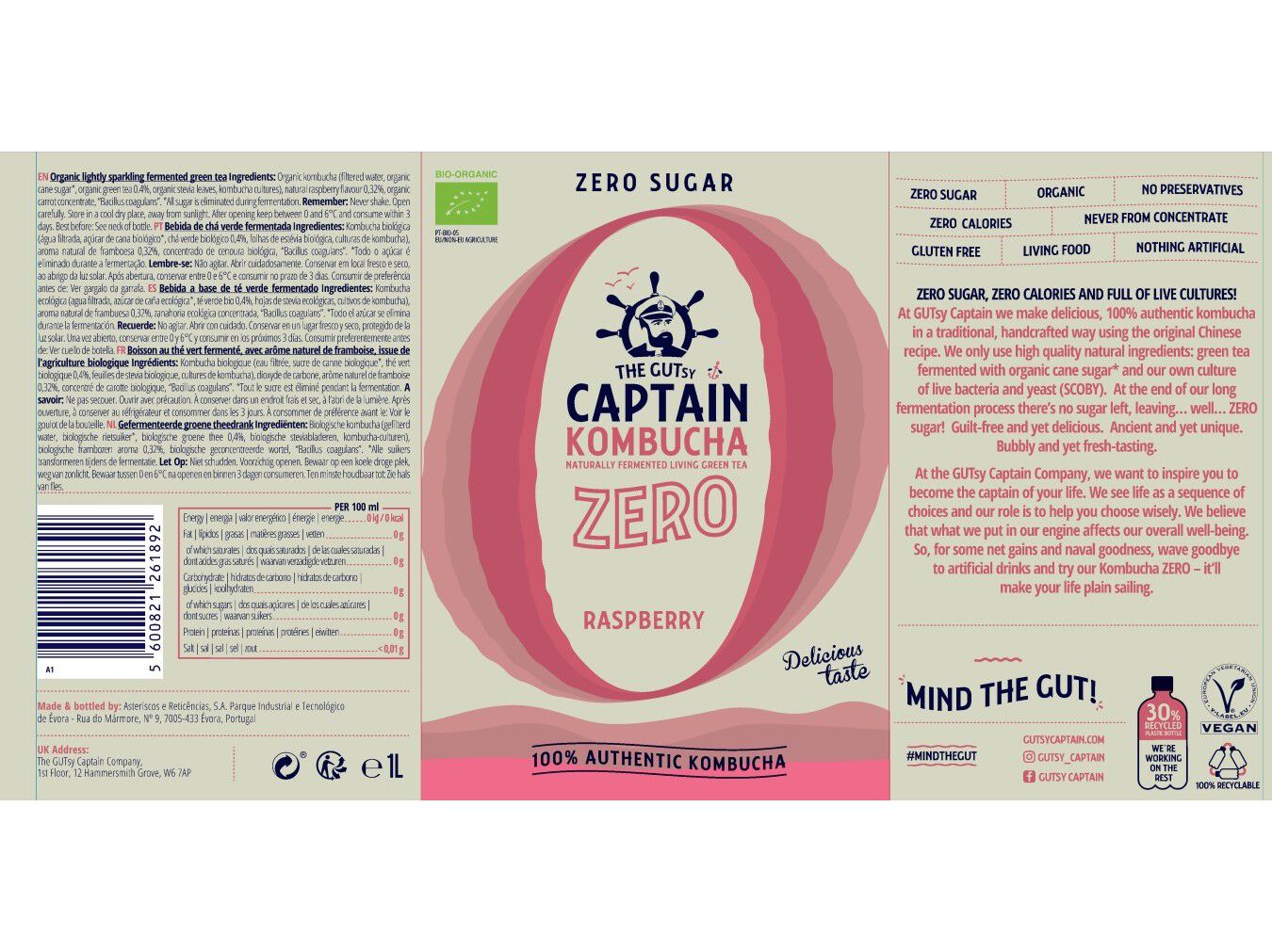 KOMBUCHA THE GUTSY CAPTAIN FRAMBOESA 0%A&Ccedil;&Uacute;CARES BIO 1L image number 1