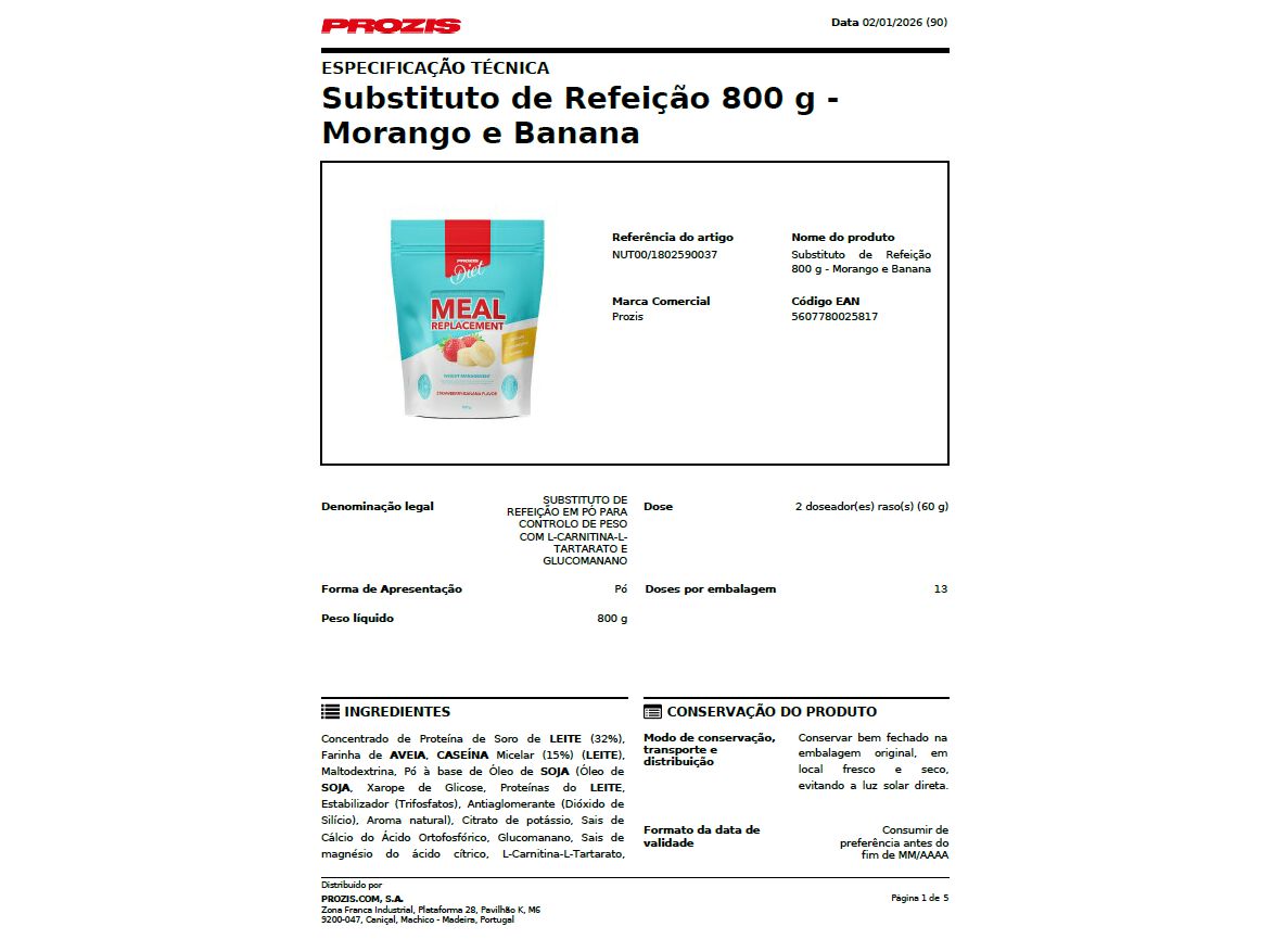 BATIDO SUBST REF PROZIS MORANGO BANANA 800GR image number 1