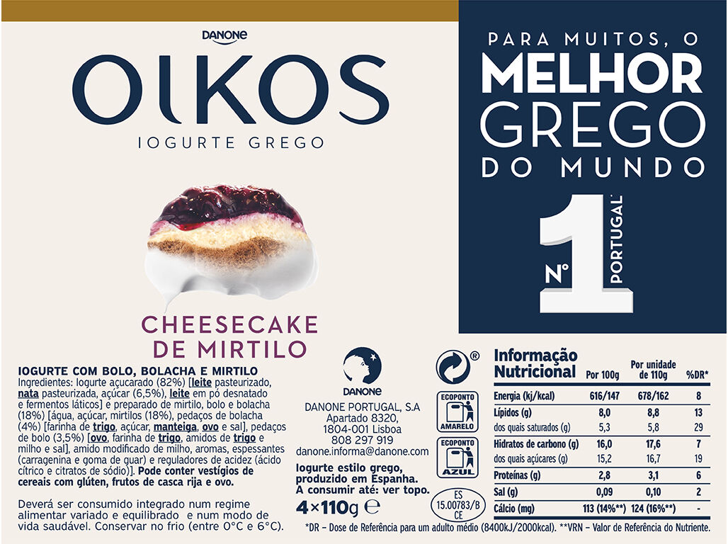 IOGURTE OIKOS DANONE GREGO CHEESECAKE DE MIRTILO 4X110G image number 1