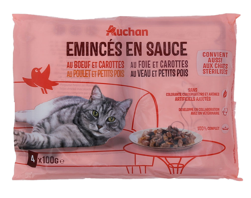 COMIDA H&Uacute;MIDA PARA GATO AUCHAN SAQUETAS PEDA&Ccedil;OS EM MOLHO CARNES 4X100G image number 0