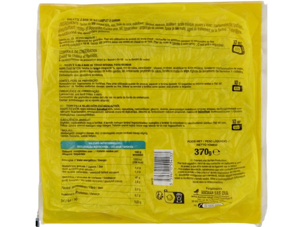 WRAPS AUCHAN 6 TORTILHAS TRIGO INTEGRAL 370G image number 1