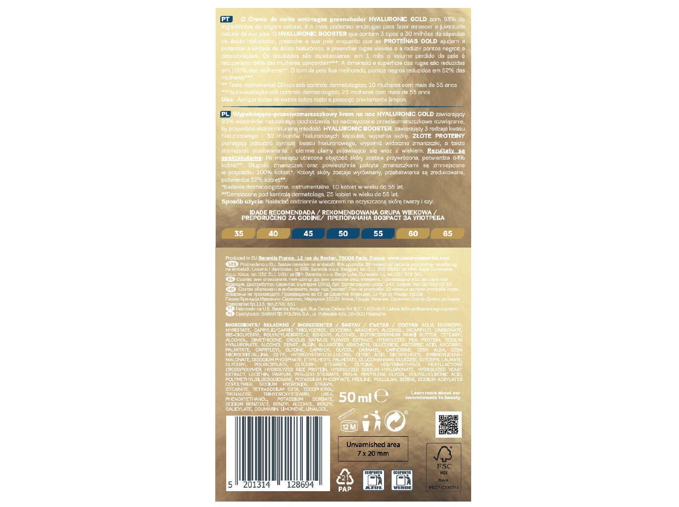 CREME BIOTEN NOITE ANTI-RUGAS HYALURONIC GOLD 50ML image number 1