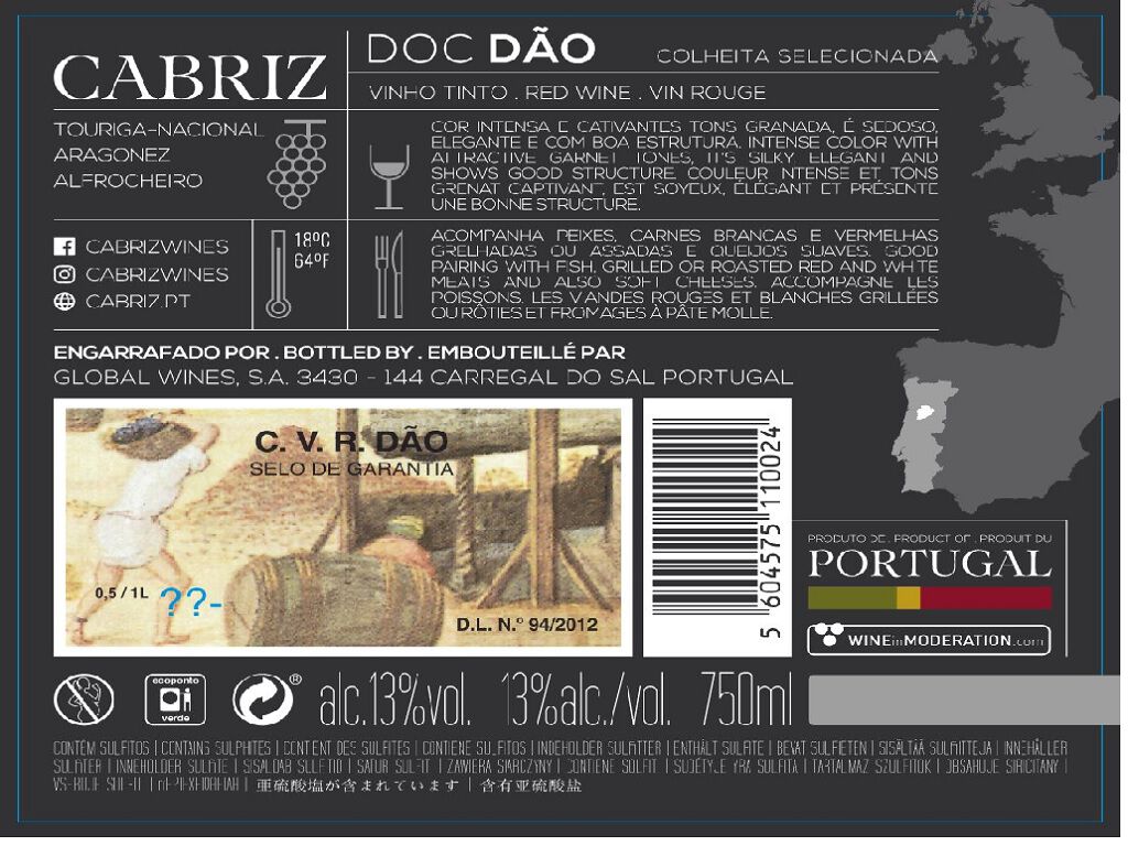 CONJUNTO VINHO TINTO CABRIZ COLHEITA SELECIONADA 2X0.75L image number 1