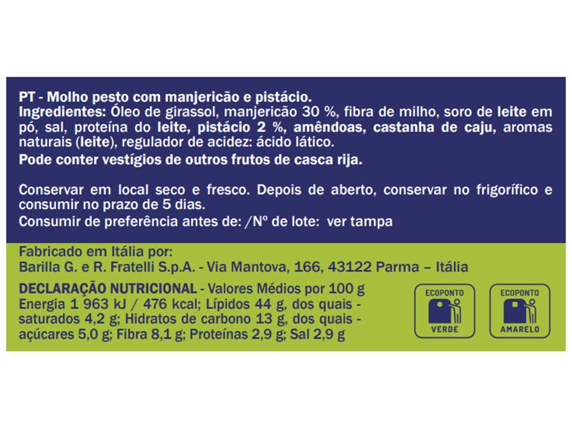 MOLHO PESTO BARILLA PISTACCHIO 190G image number 1