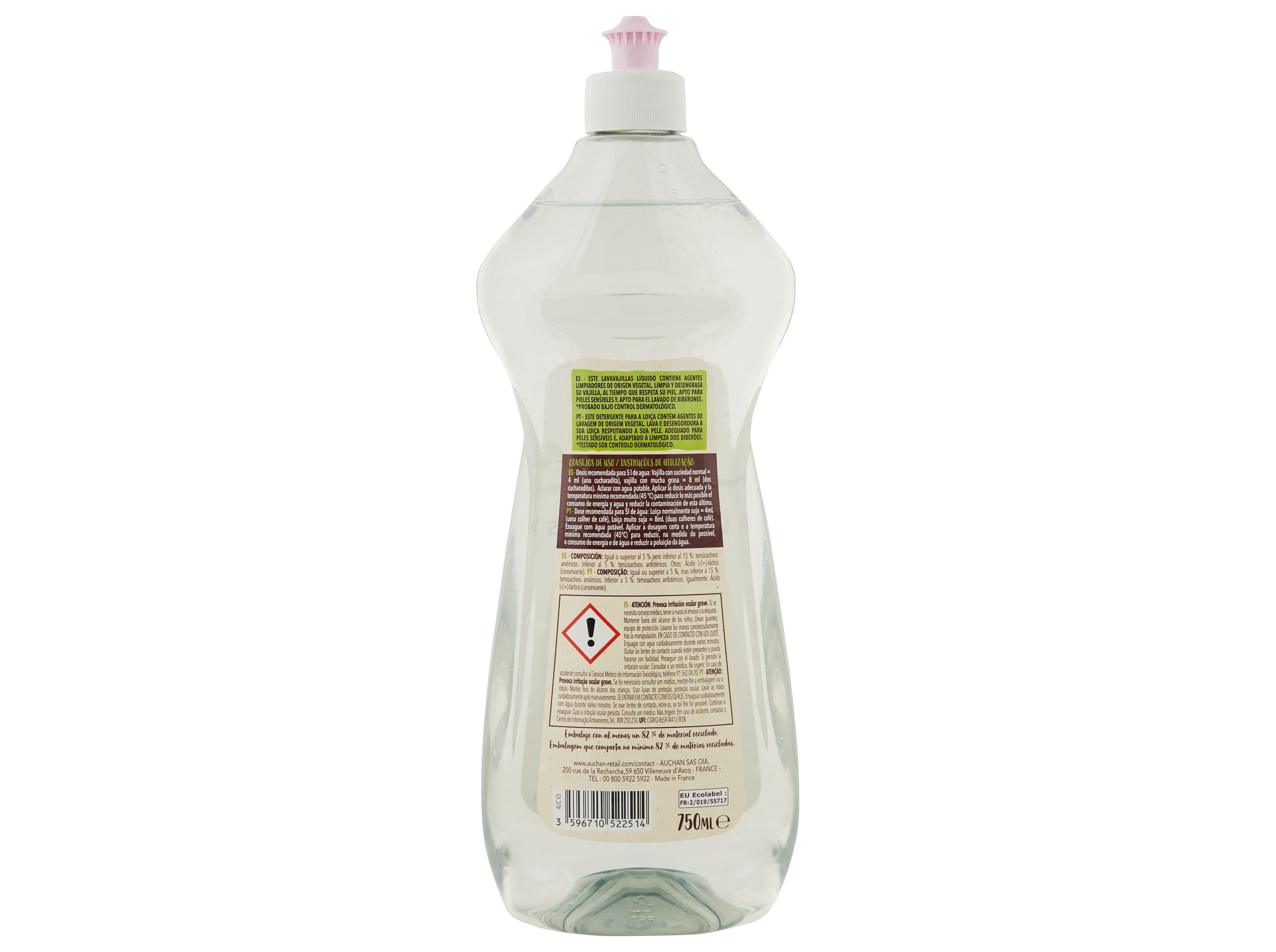 DETERGENTE LOI&Ccedil;A MANUAL AUCHAN BETTER LIFE PELES SENS&Iacute;VEIS BIBER&Otilde;ES E TETINAS 750ML image number 2