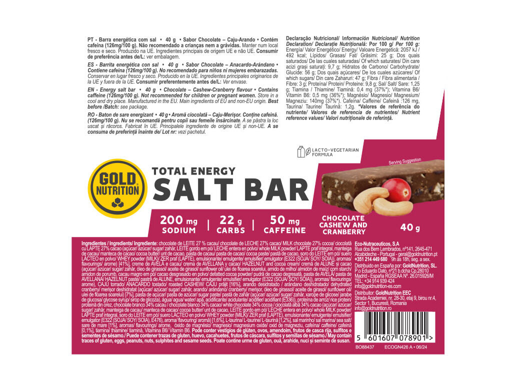 BARRA TOTAL ENER GOLDNUTRITION SALT BAR CHOCO CAJU ARANDO 40G image number 1
