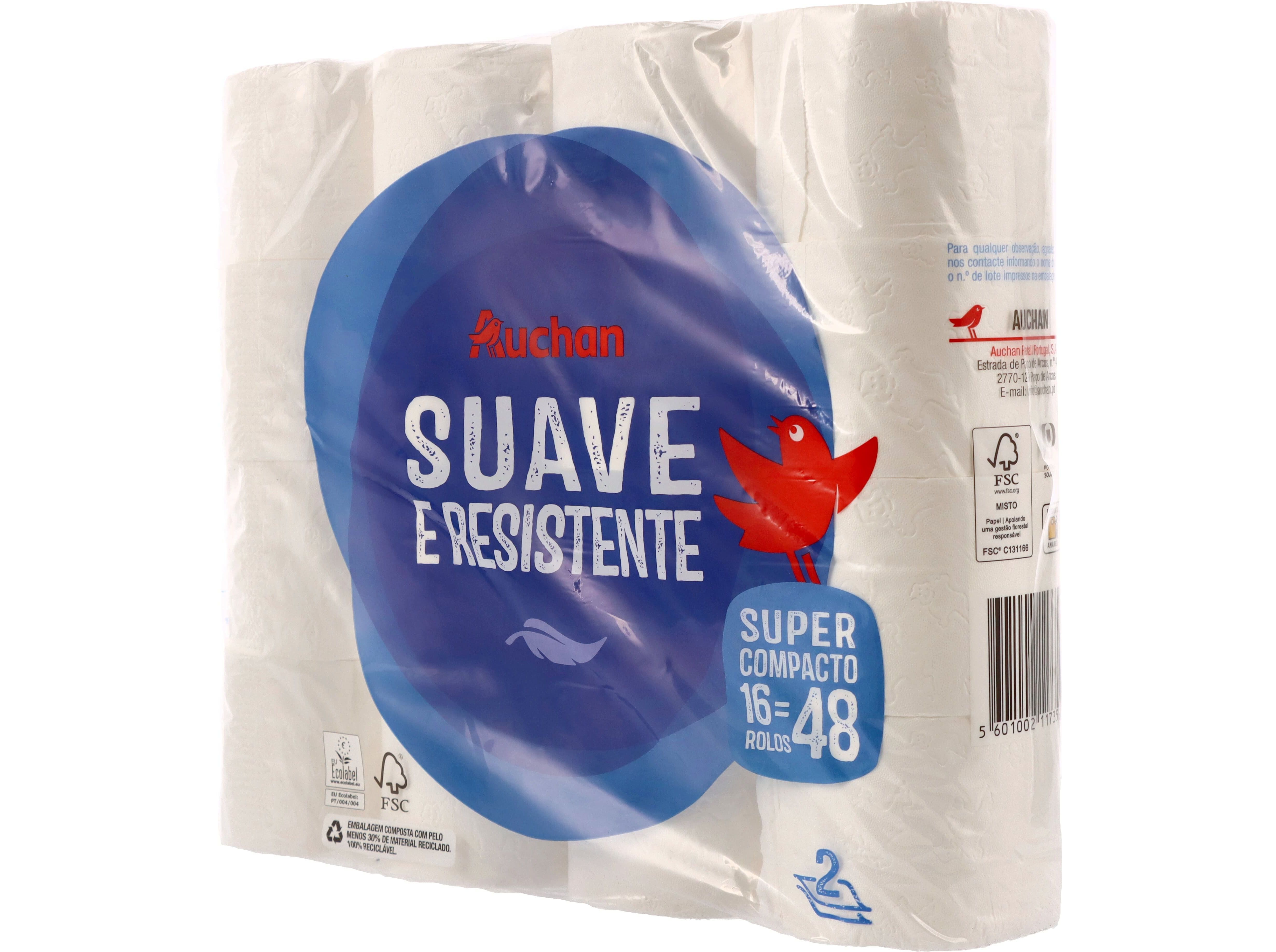 PAPEL HIGI&Eacute;NICO AUCHAN SUAVE E RESISTENTE FOLHA DUPLA SUPER COMPACTO 16 ROLOS = 48 ROLOS image number 1