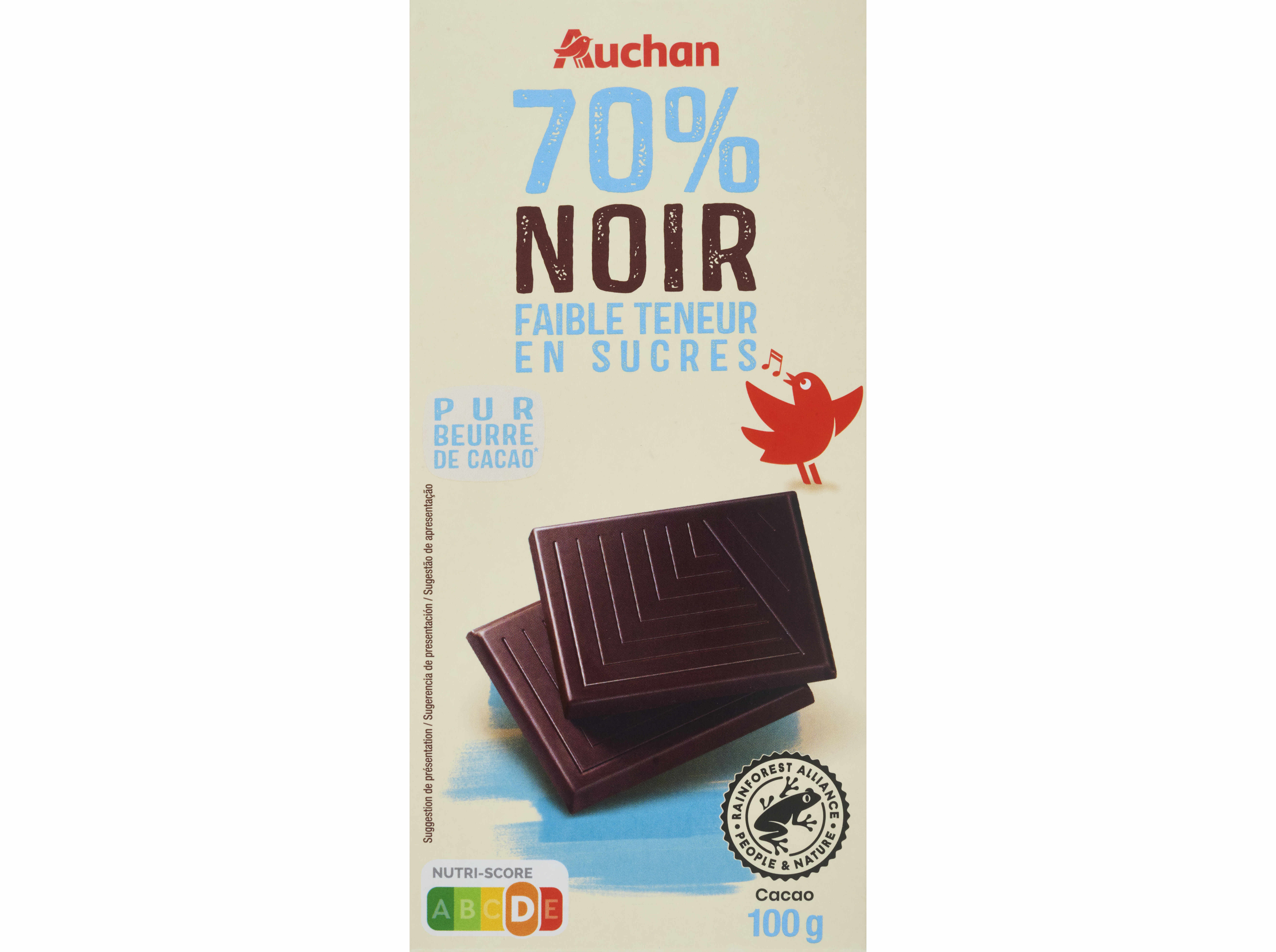 CHOCOLATE NEGRO AUCHAN 70% CACAU E COM BAIXO TEOR DE A&Ccedil;&Uacute;CAR 100G
