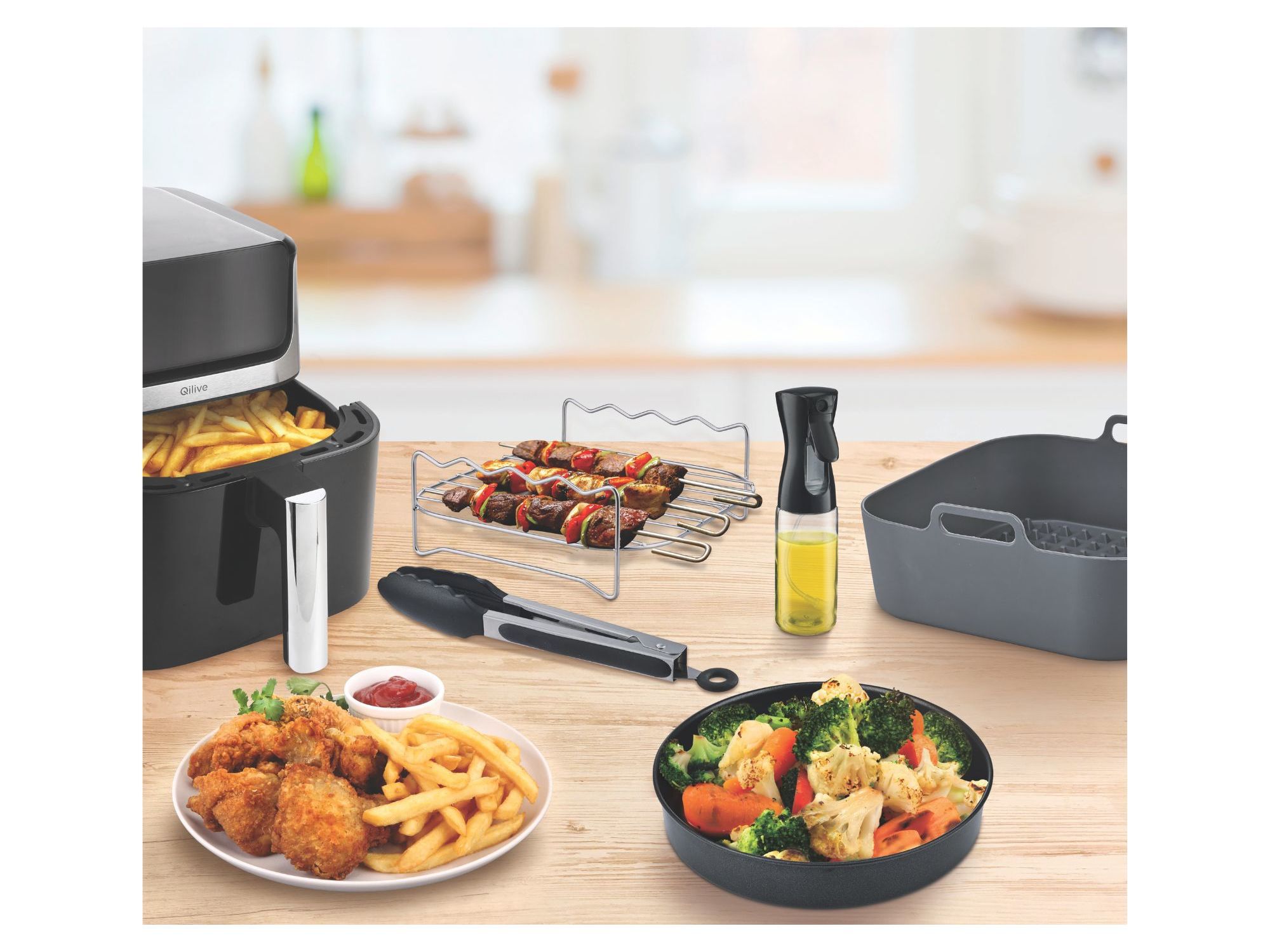 KIT DE ACESS&Oacute;RIOS QILIVE PARA AIR FRYER 5 PE&Ccedil;AS COM GRELHA FORMA PIZZA E SPRAY DE &Oacute;LEO image number 2