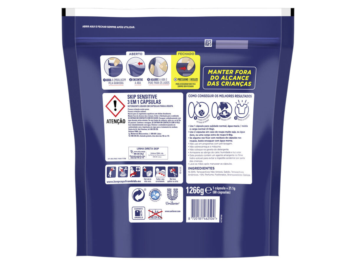 DETERGENTE M&Aacute;QUINA ROUPA C&Aacute;PSULAS SKIP SENSITIVE 60D image number 1