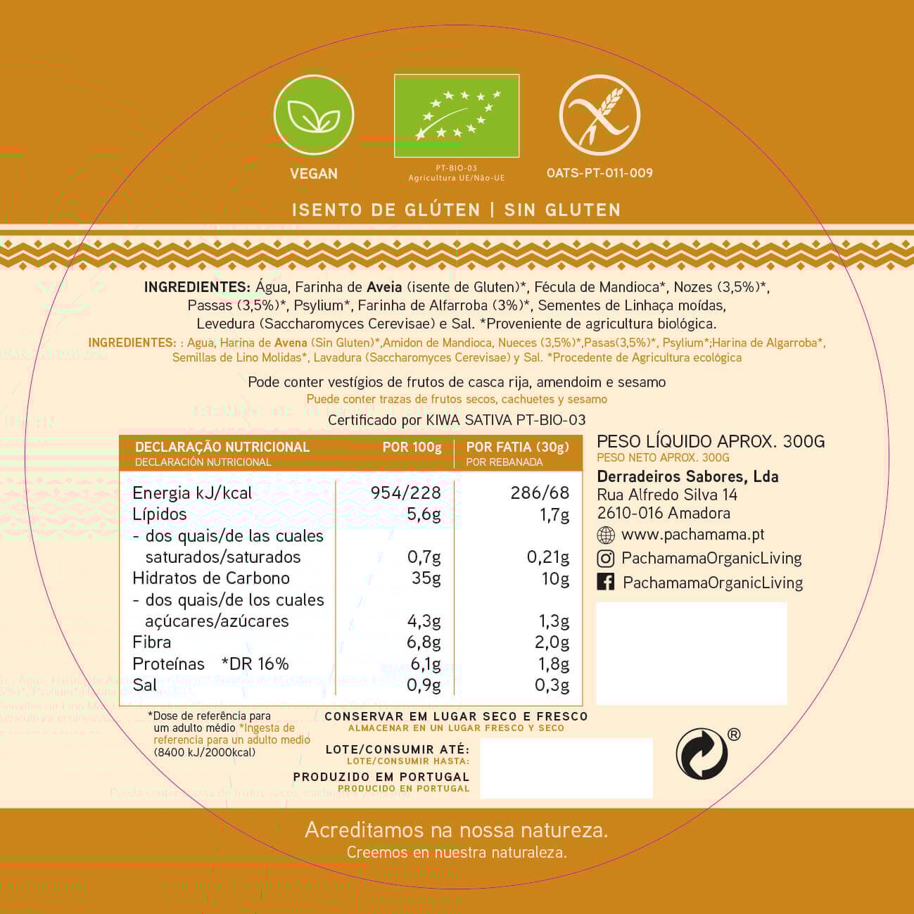 P&Atilde;O SEM GLUT&Eacute;N PACHAMAMA ALFARROBA PASSAS E NOZES 300G image number 1