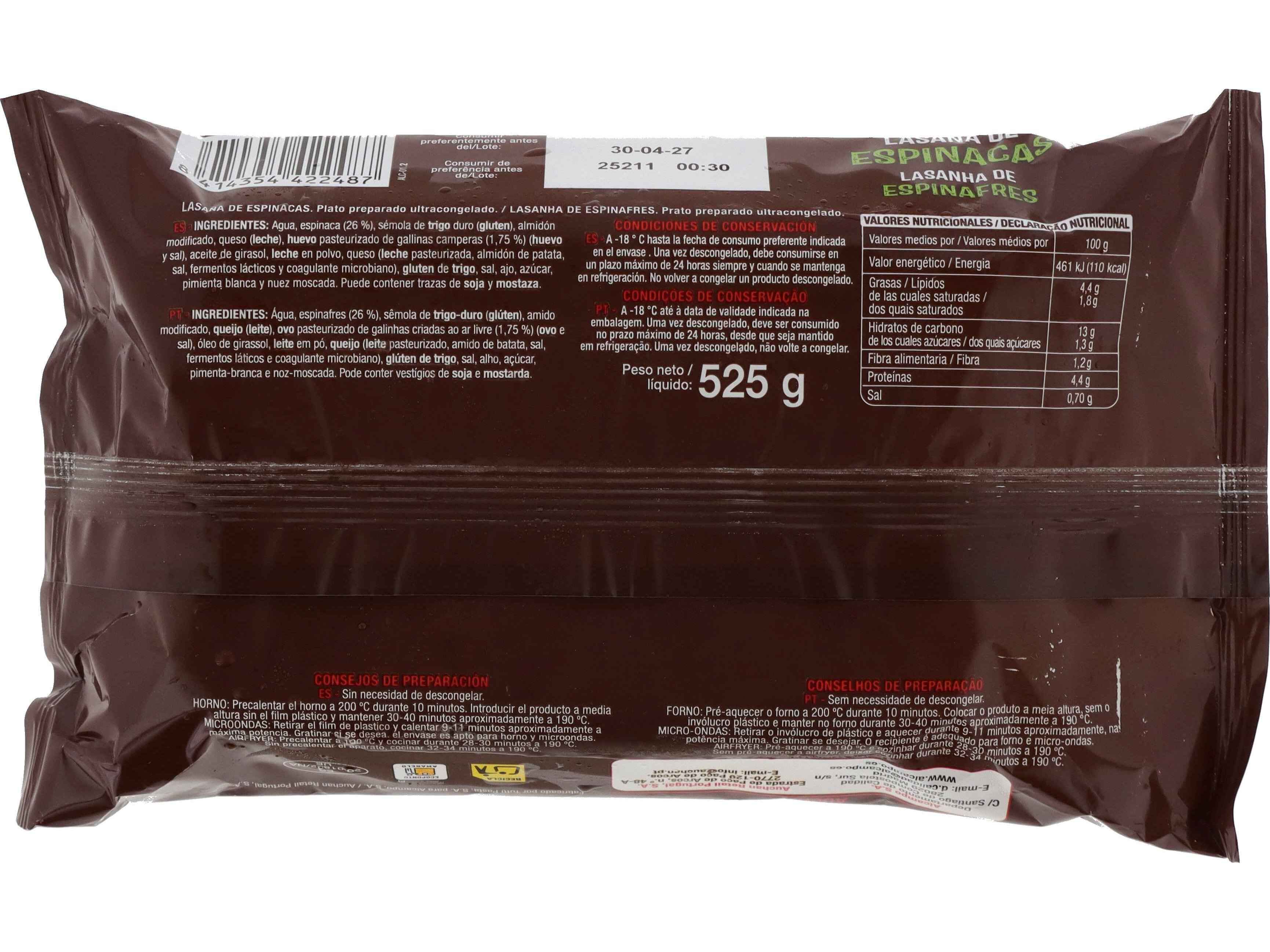 LASANHA DE ESPINAFRES AUCHAN ULTRACONGELADO 525G image number 1