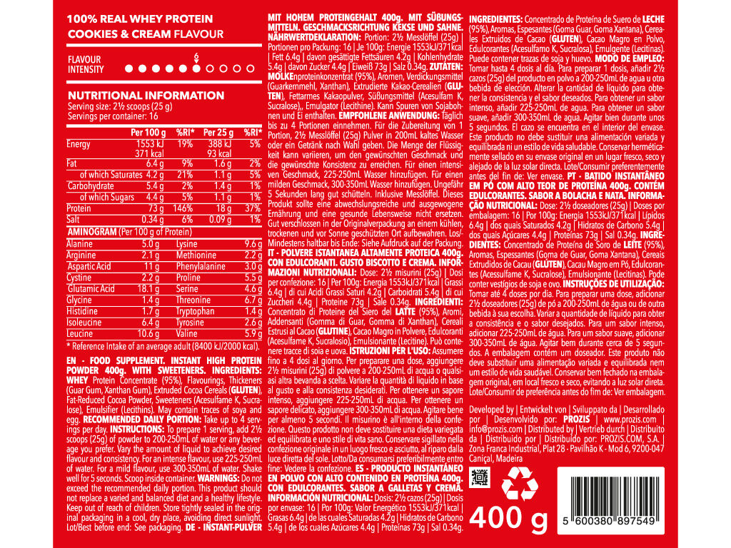 PROTE&Iacute;NA PROZIS REAL WHEY COOKIES & CREAM 400G image number 1