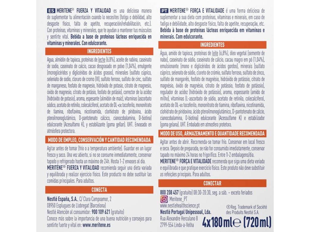 SUPLEMENTO MERITENE CHOCOLATE RTD 4X180ML image number 1