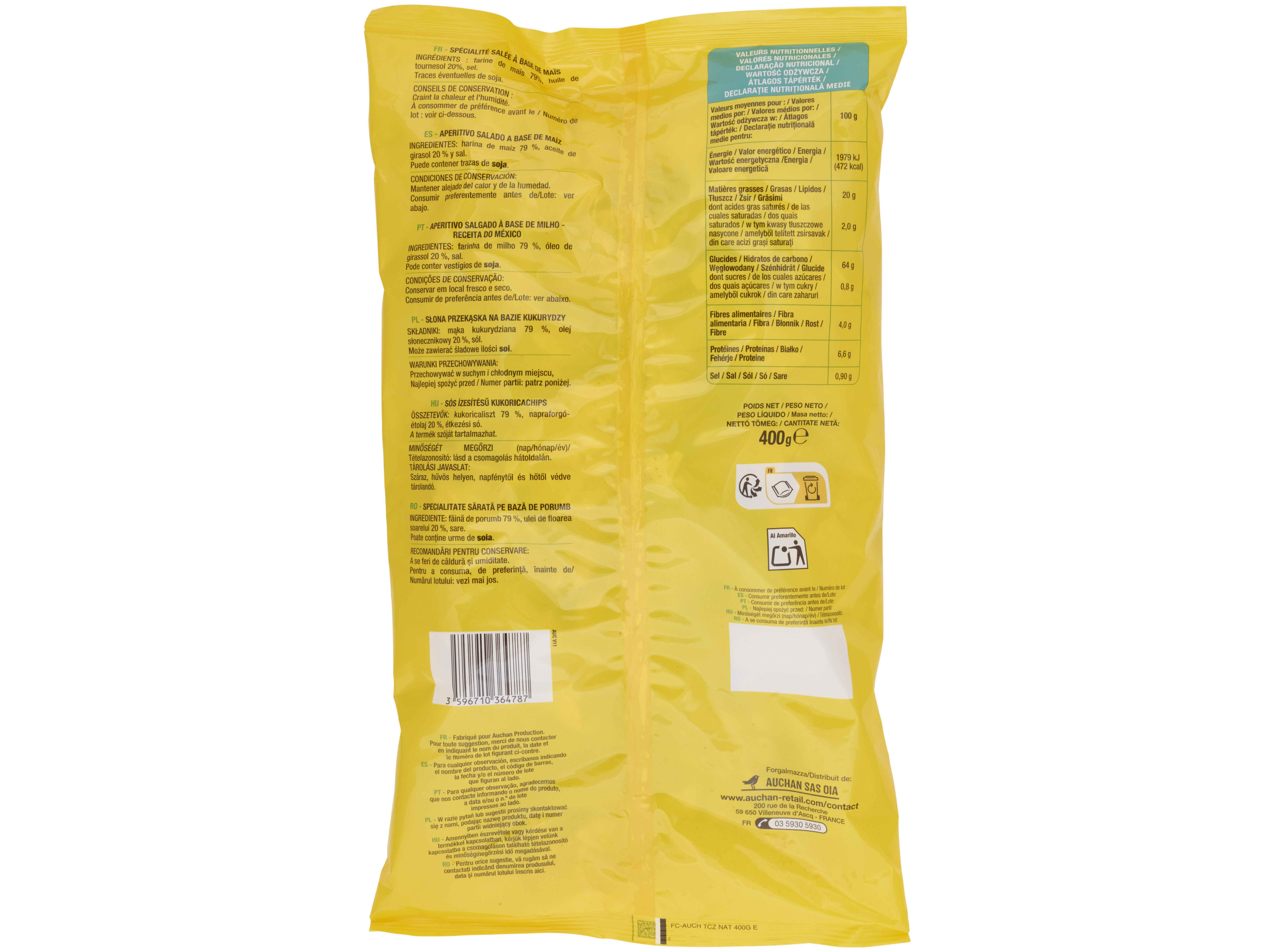 NACHOS AUCHAN CHIPS NATURE 200G image number 1