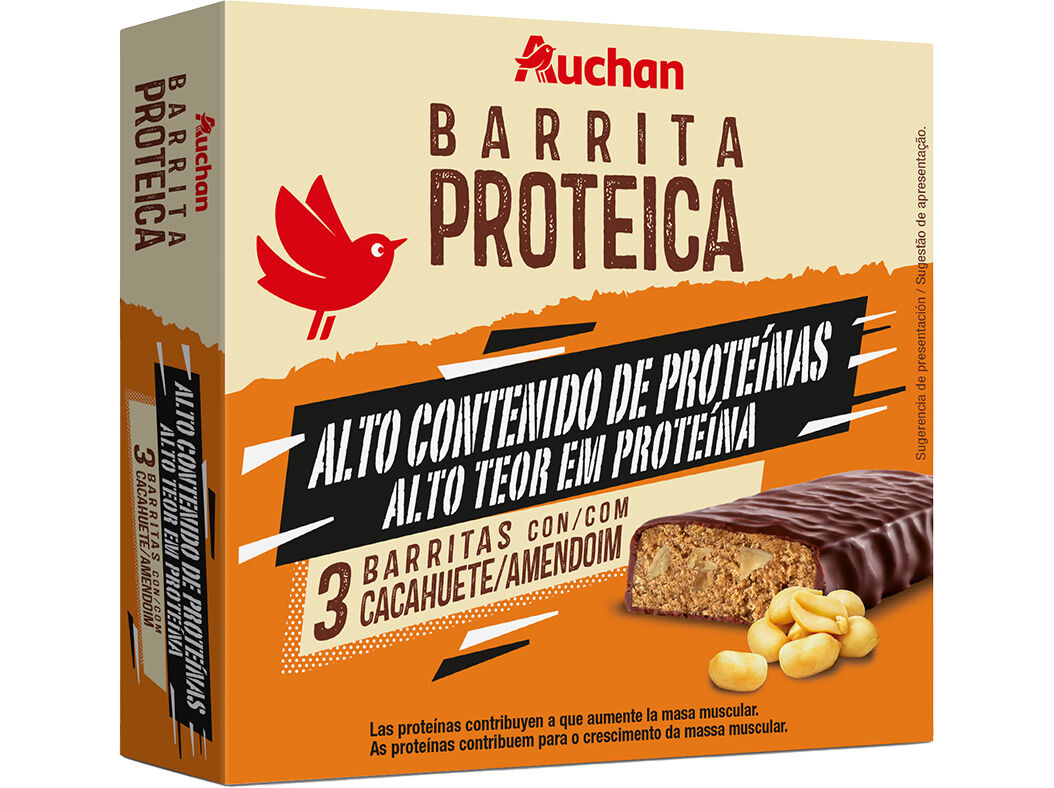 BARRITA PROTEICA AUCHAN COM AMENDOIM 3UN 120G image number 1
