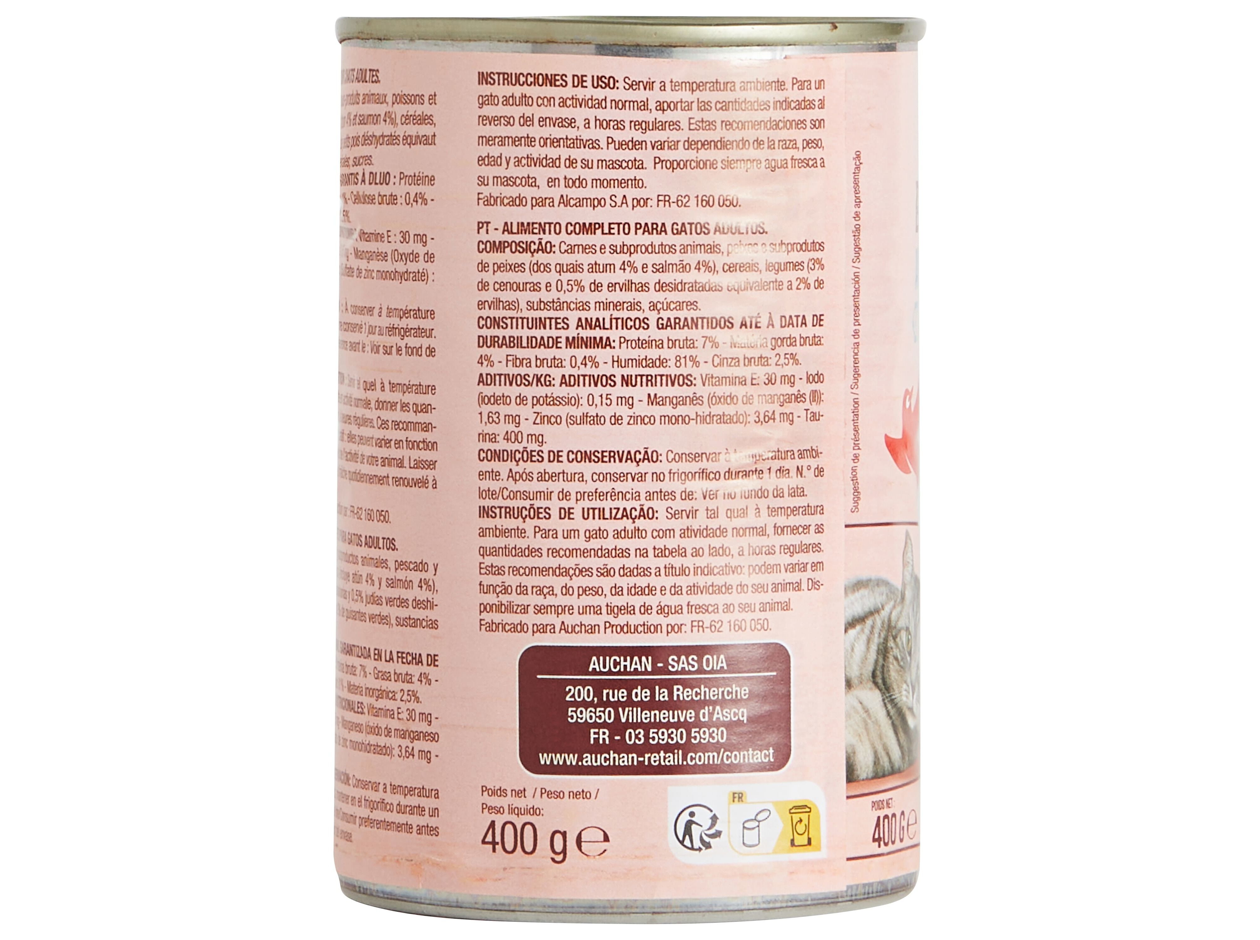 COMIDA H&Uacute;MIDA PARA GATO AUCHAN PEDA&Ccedil;OS EM MOLHO COM ATUM COM SALM&Atilde;O E COM LEGUMES 400G image number 2