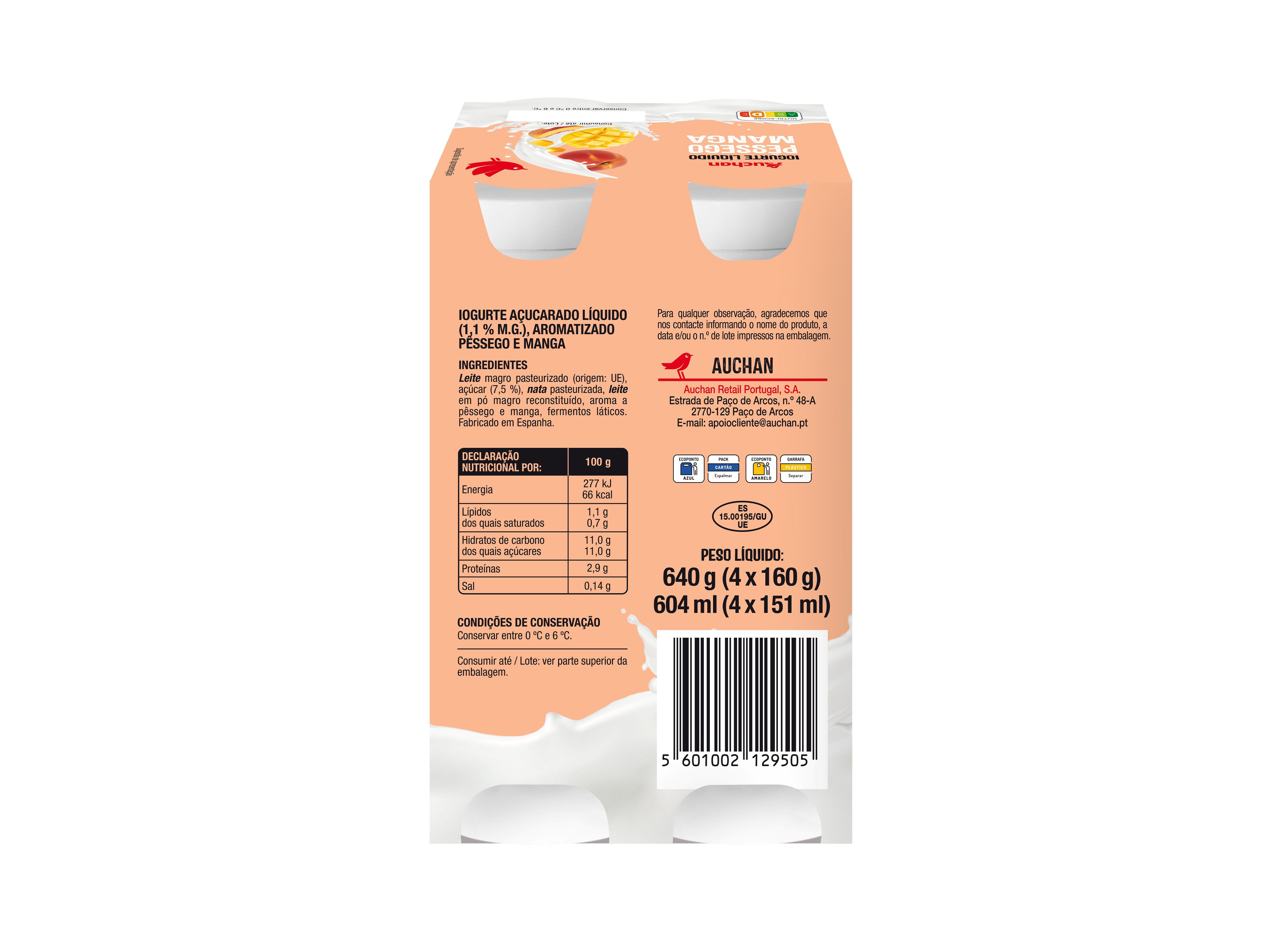 IOGURTE LIQUIDO AUCHAN P&Ecirc;SSEGO E MANGA 4X160G image number 1