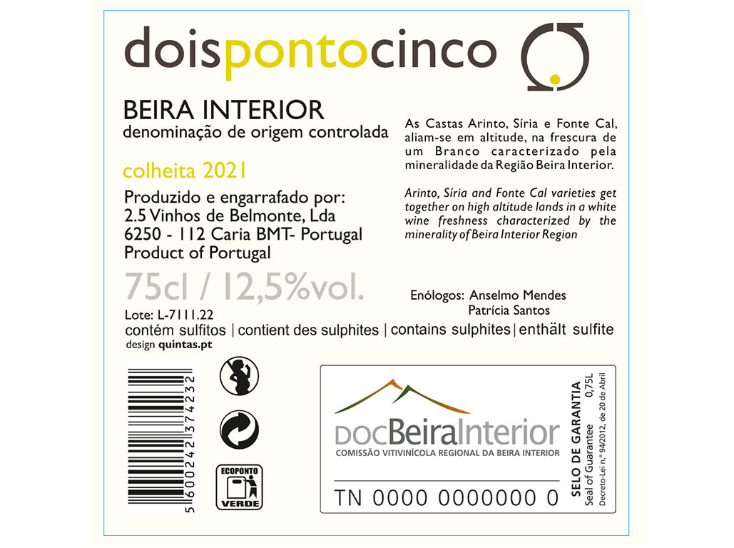 VINHO BRANCO DOISPONTOCINCO BEIRA INTERIOR DOC 0.75L image number 1