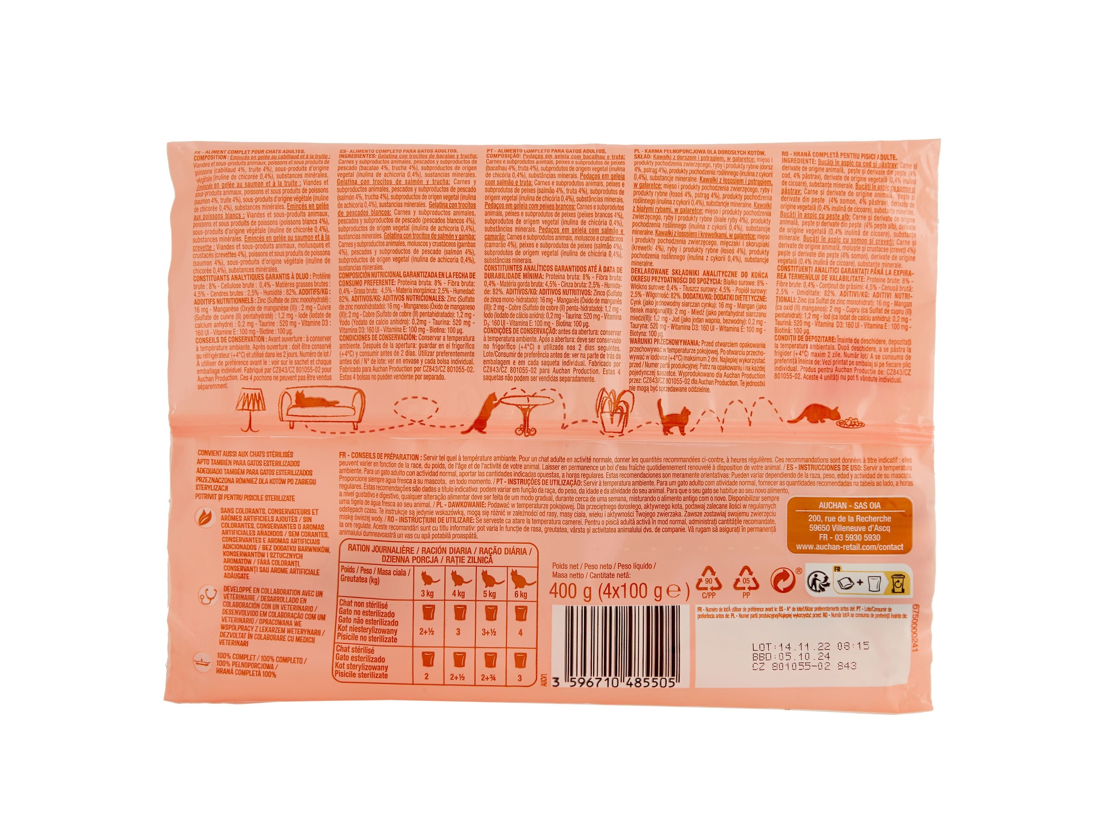 COMIDA H&Uacute;MIDA PARA GATO AUCHAN SAQUETAS PEDA&Ccedil;OS EM GELEIA PEIXE 4X100G image number 1