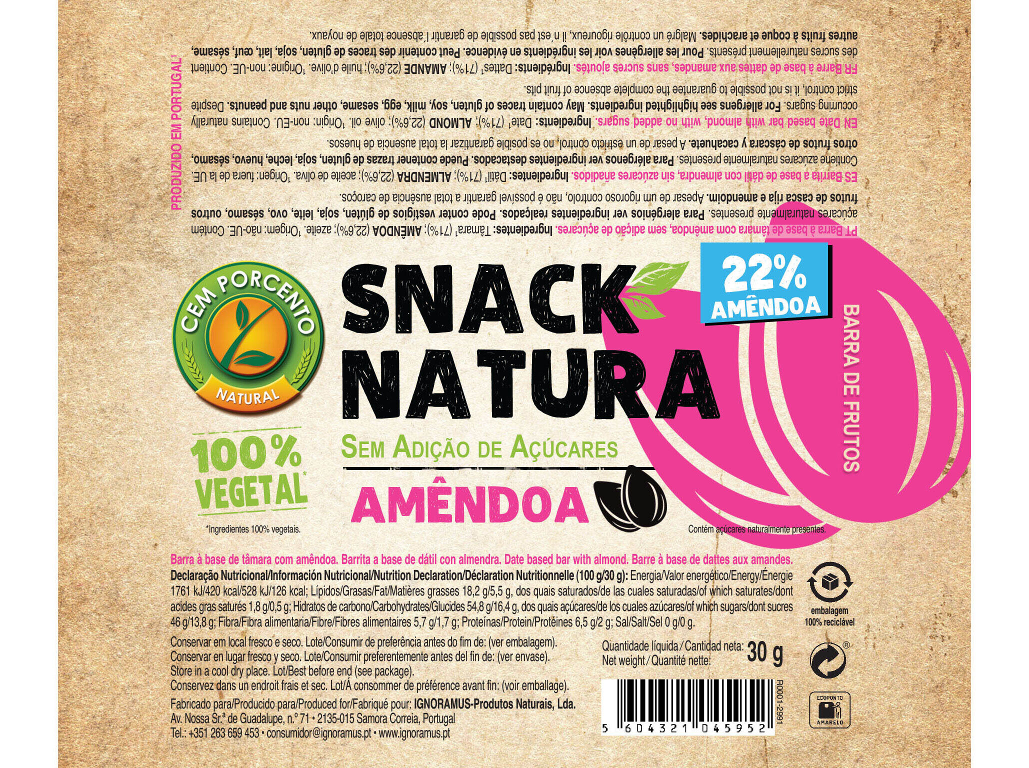 BARRA SNACK NATURA CEMPORCENTO AM&Ecirc;NDOA 30G image number 1