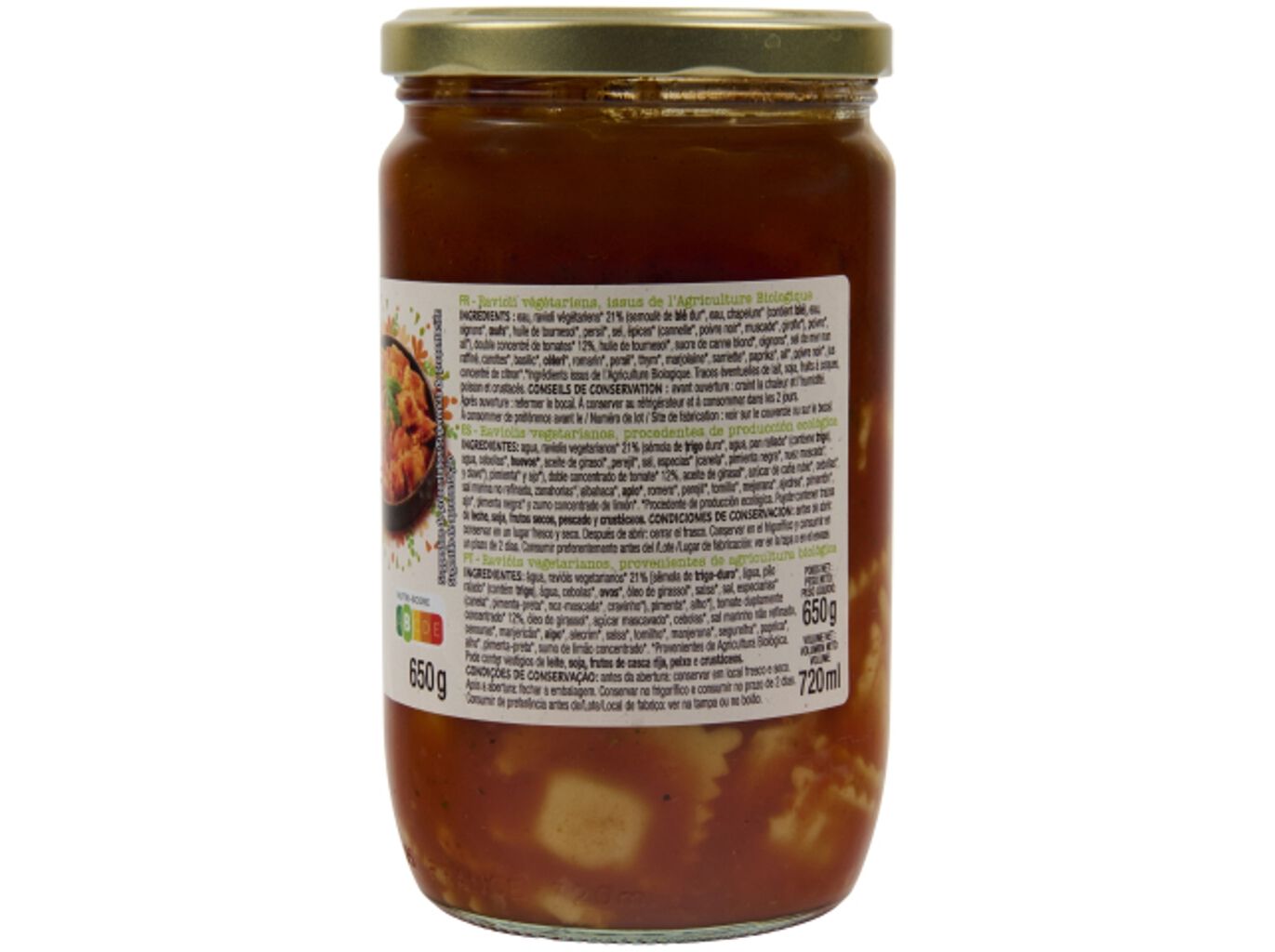 RAVIOLI AUCHAN BIO VEGETARIANO EM FRASCO 650G image number 1