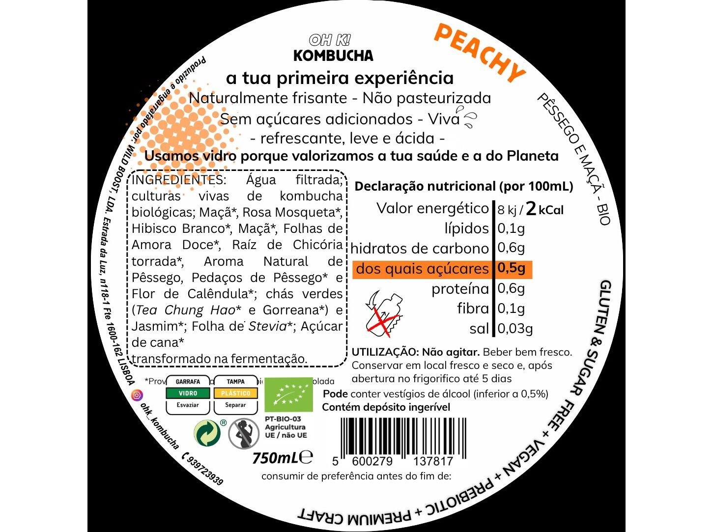 KOMBUCHA BIO OH K! PEACHY 0% A&Ccedil;UCAR 750ML image number 1