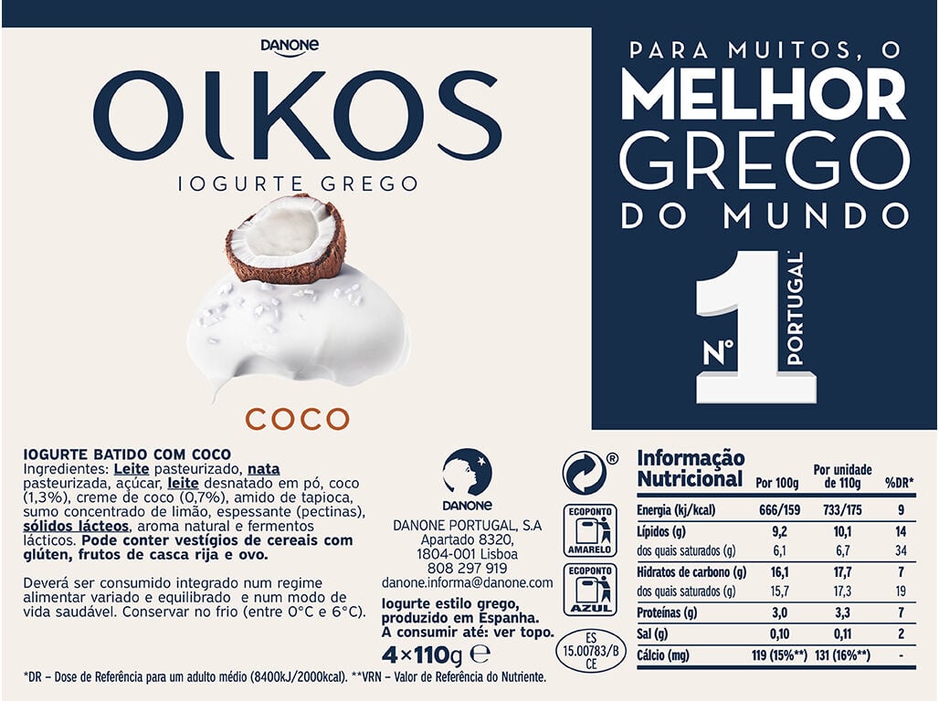 IOGURTE OIKOS GREGO COM PEDA&Ccedil;OS DE C&Ocirc;CO 4X110G image number 1