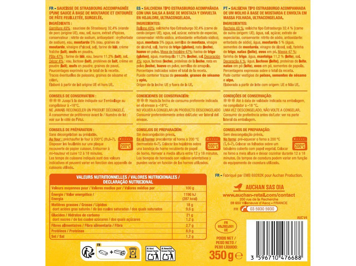 MINI FOLHADOS SALSICHAS AUCHAN COM MOLHO MOSTARDA 20UN 350G image number 1