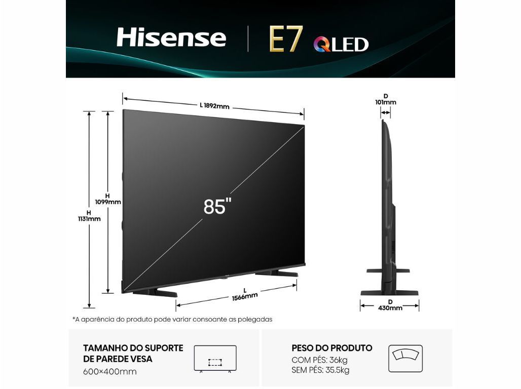 TV QLED HISENSE 85E7Q (85'' 4K SMART 215CM) image number 10