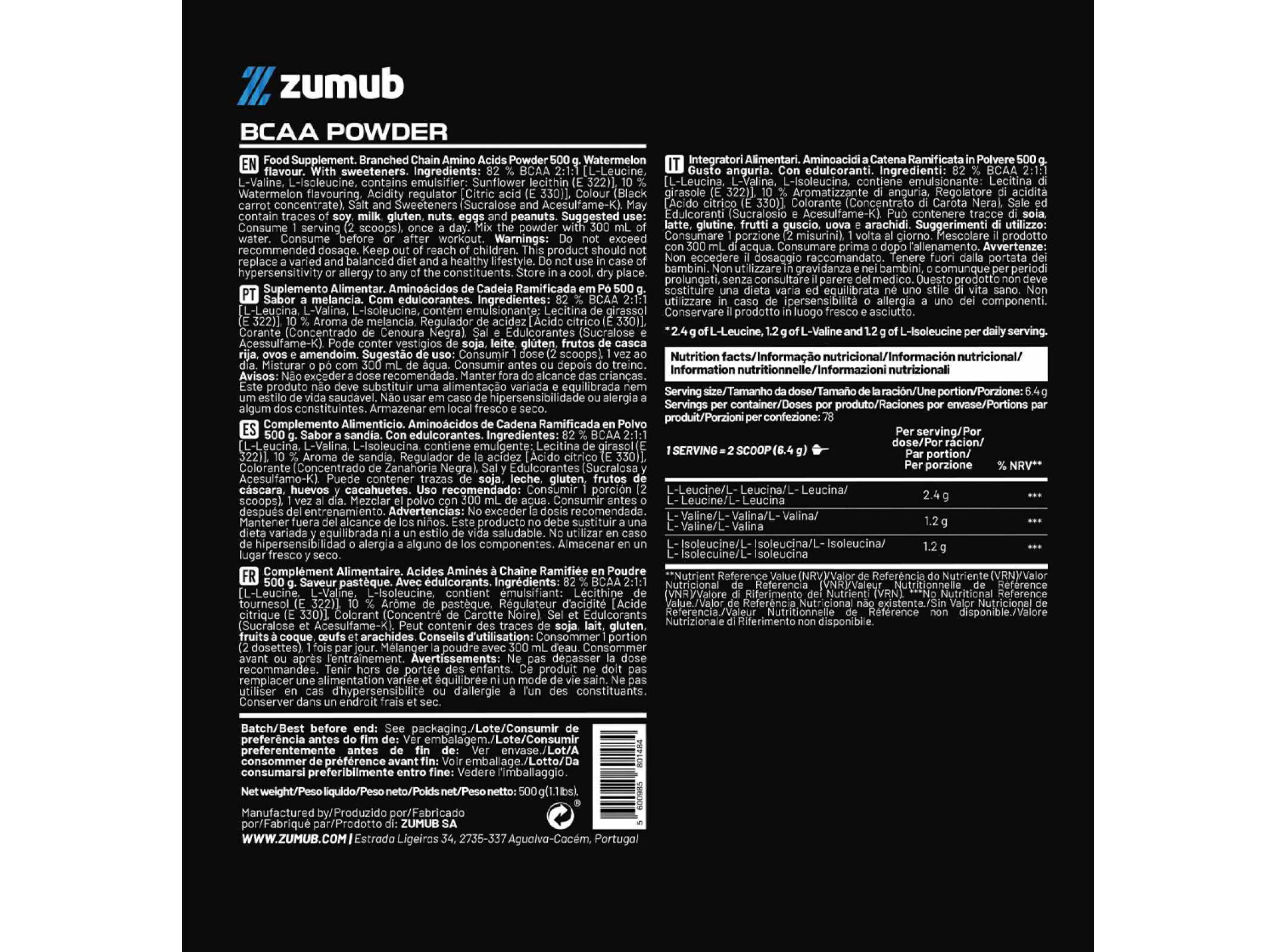 SUPLEMENTO BCAAS ZUMUB MELANCIA 500G image number 1