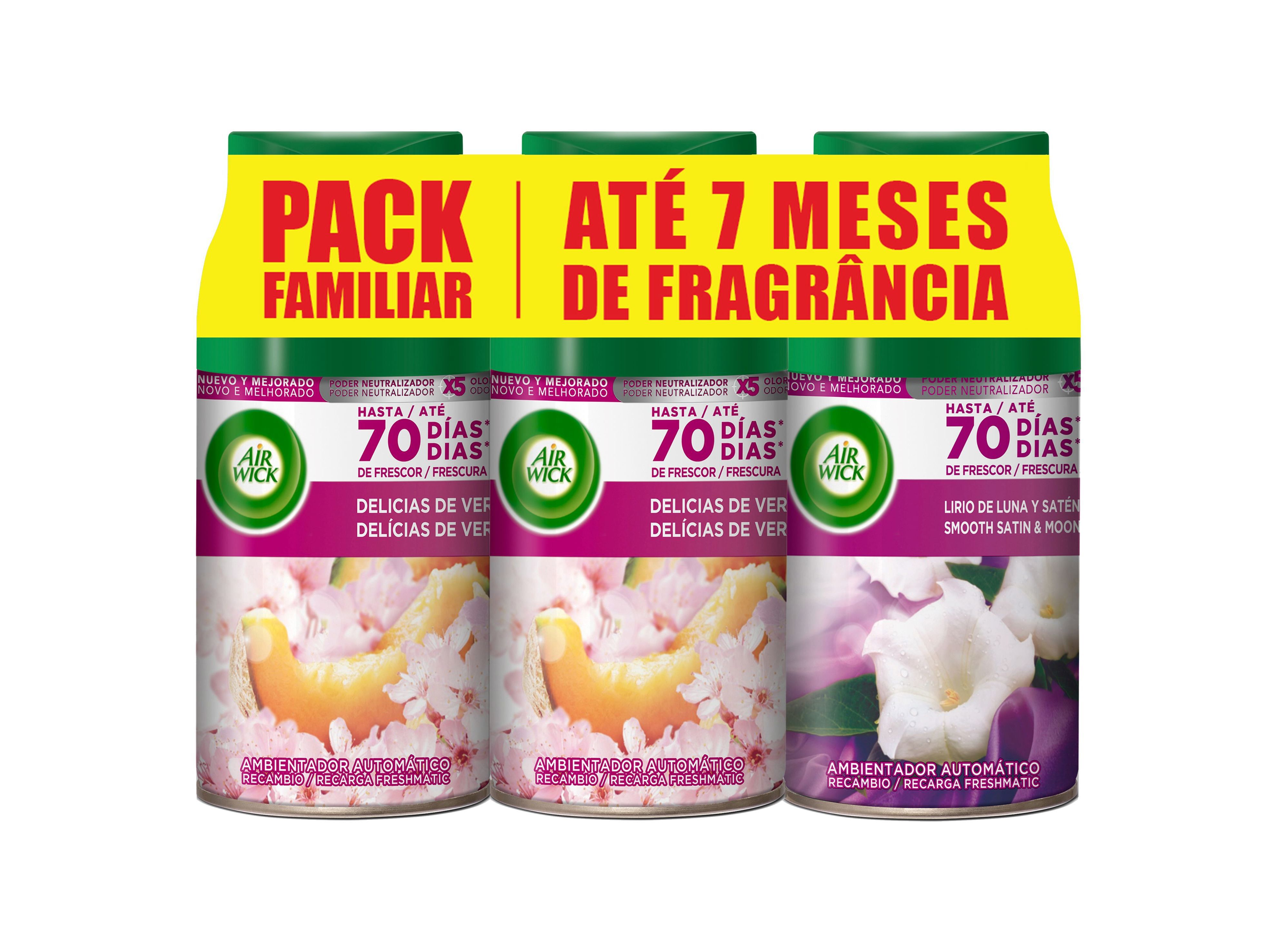 AMBIENTADOR RECARGA AIR WICK FRESHMATIC 2 DELICIAS VER&Atilde;O + 1 SMOOTH&MOON 3X250ML