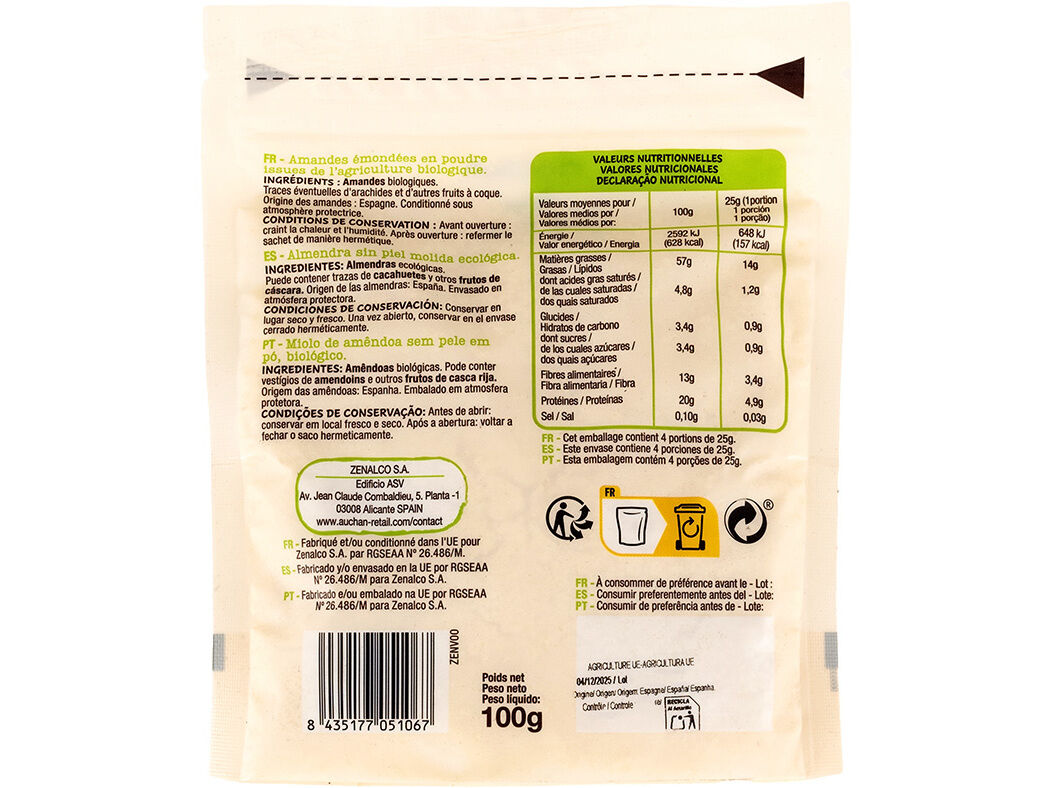 MIOLO DE AM&Ecirc;NDOA SEM PELE AUCHAN BIO 100G image number 1