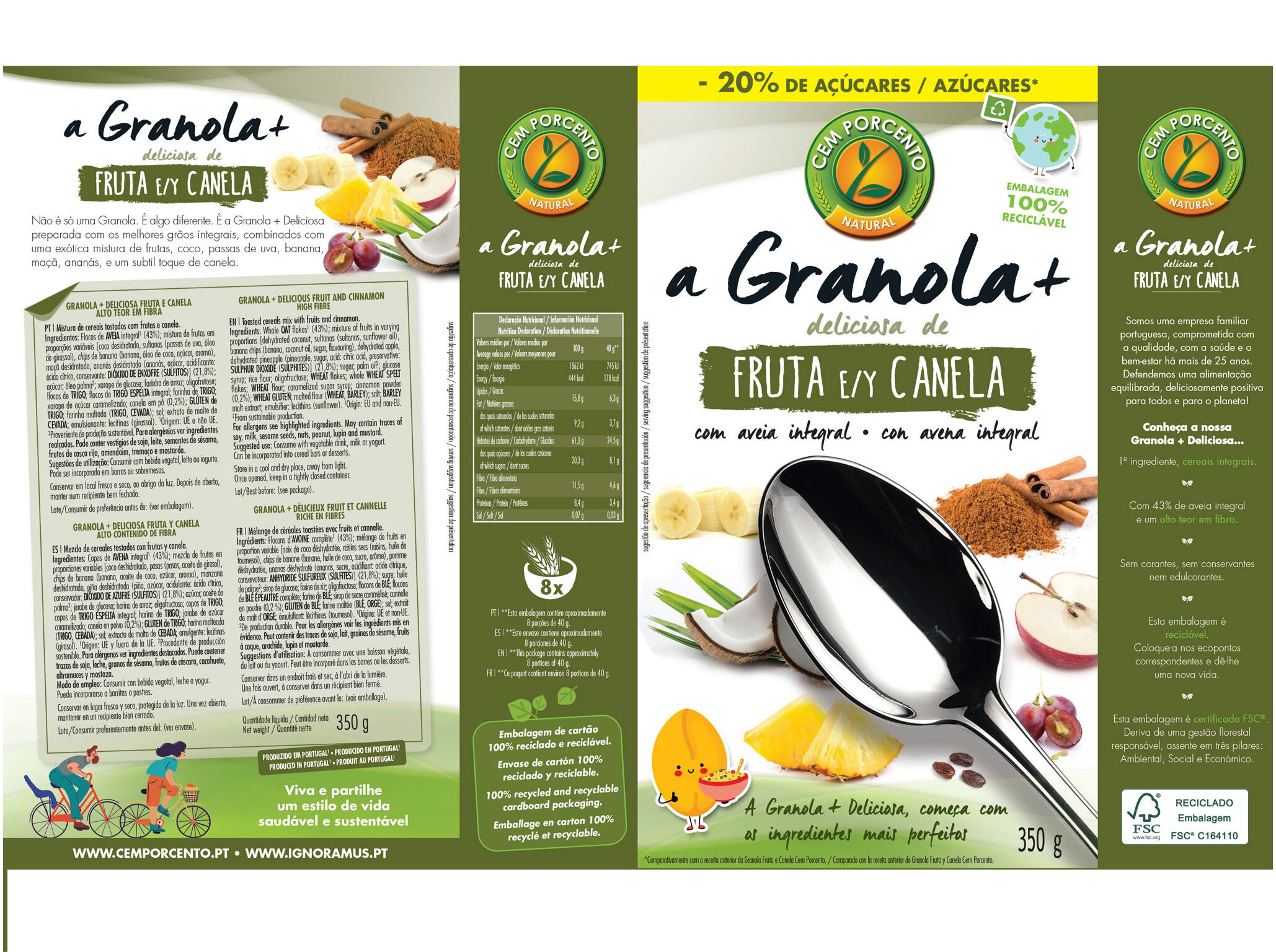 GRANOLA CEM PORCENTO FRUTA E CANELA 350G image number 1