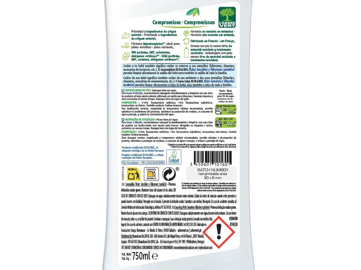 DETERGENTE LOI&Ccedil;A MANUAL L'ARBRE VERT PELES SENS&Iacute;VEIS 750ML image number 1