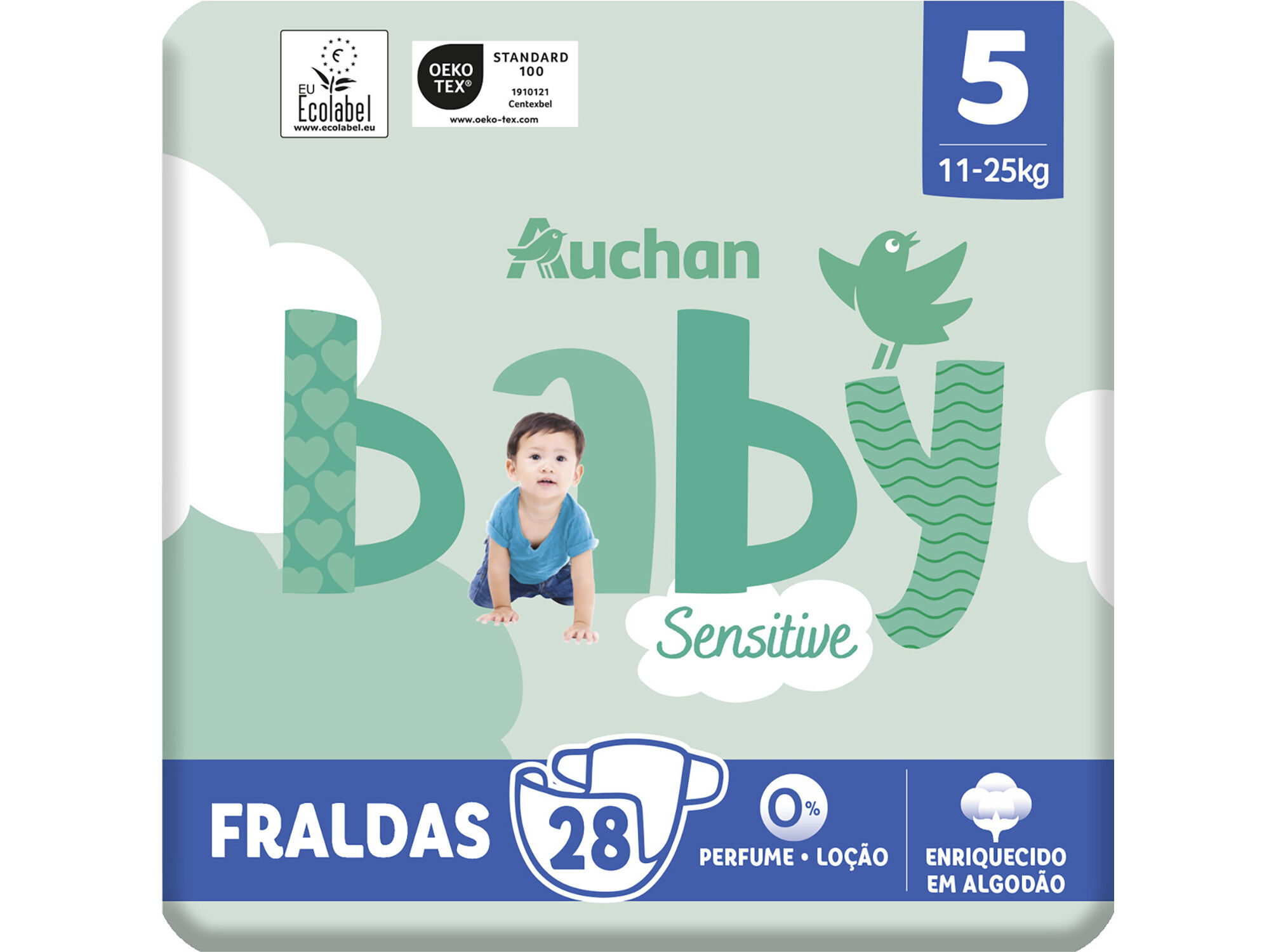 FRALDAS AUCHAN BABY SENSITIVE ECOL&Oacute;GICAS TAMANHO 5 11-25KG 28UN