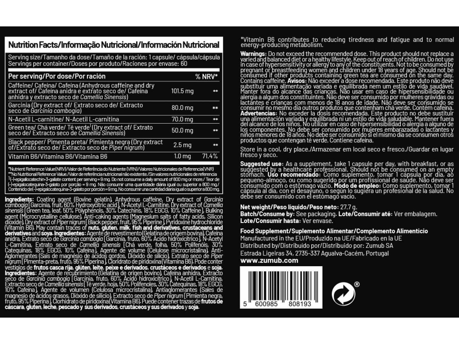 SUPLEMENTOS EMAGRECIMENTO ZUMUB FAT BURNER 60 CAPS image number 1