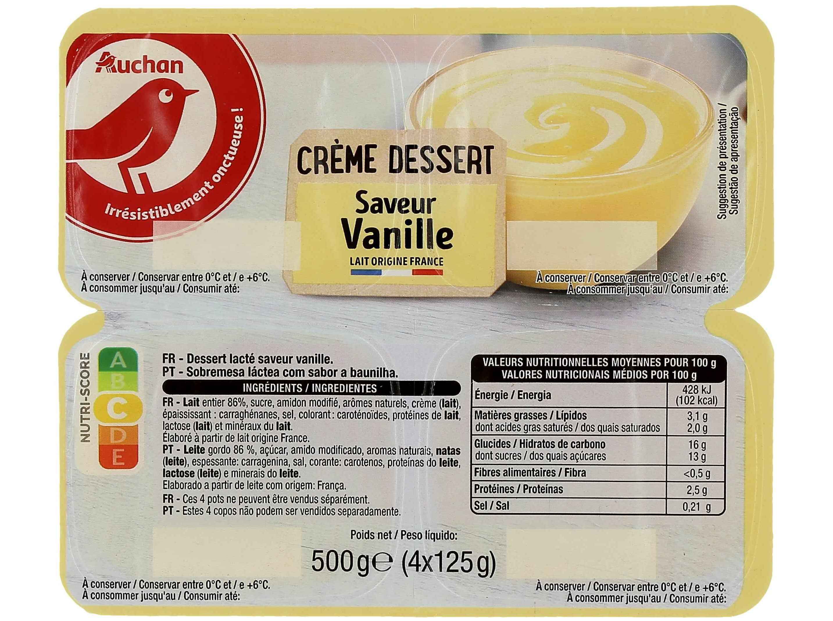 SOBREMESA L&Aacute;CTEA AUCHAN BAUNILHA 4X125G image number 1