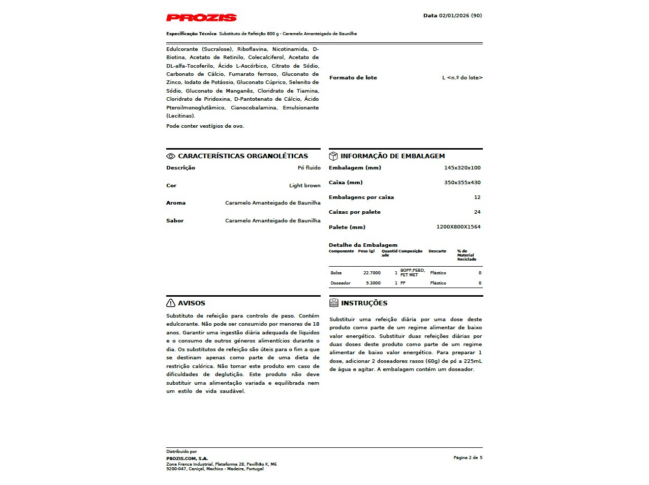 BATIDO SUBST REF PROZIS CARAMELO BAUNILHA 800GR image number 2